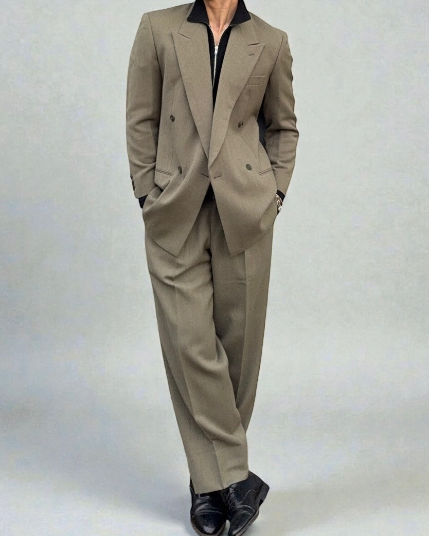Giorgio Armani 1980s Double Breasted Pleated Wool Suit Sand Taupe - Size S Jacket / 28" Waist