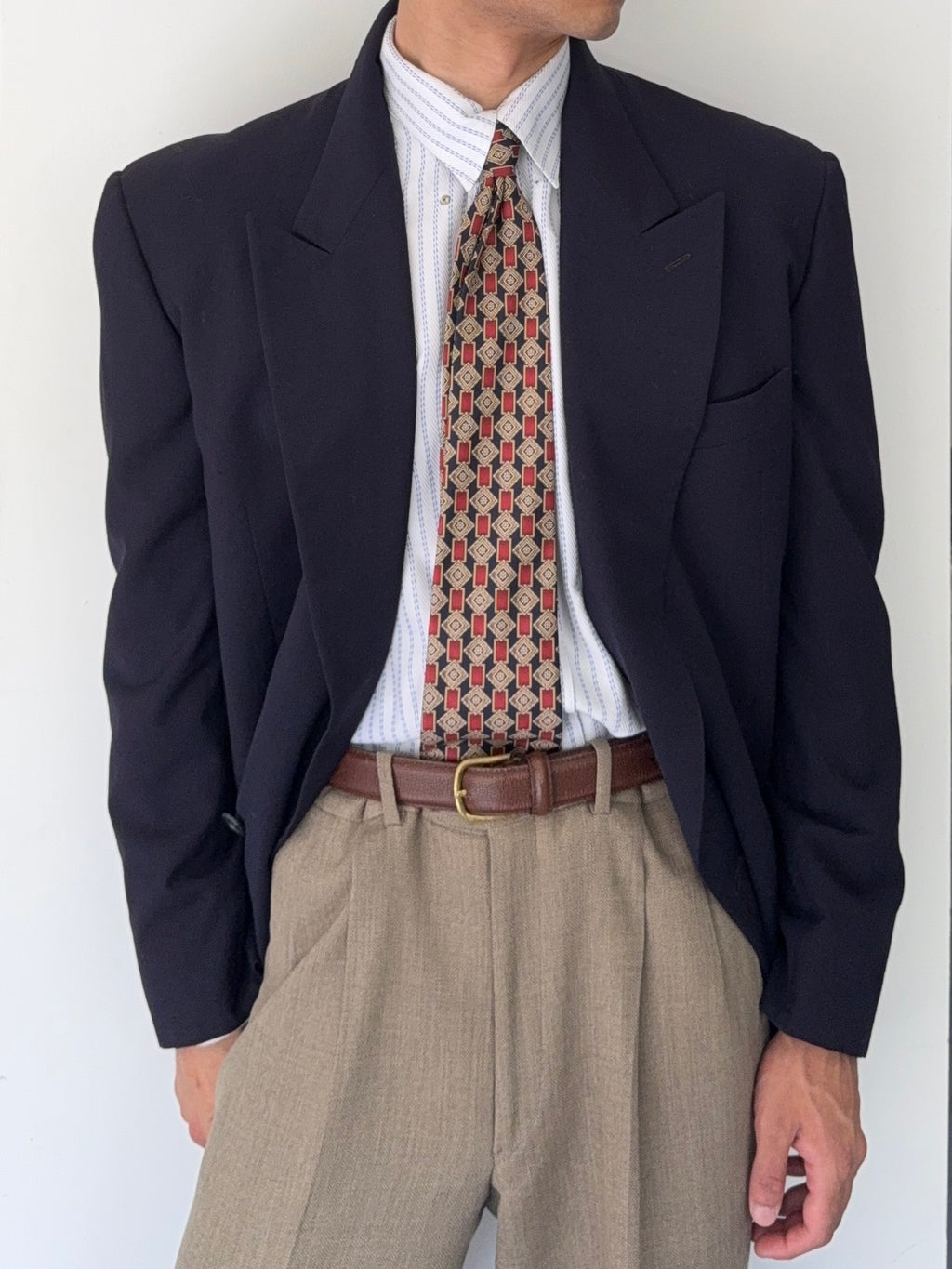 Giorgio Armani Mainline 1980s Navy Peaked Lapel Double Breasted Wool Sports Blazer Jacket - Size L