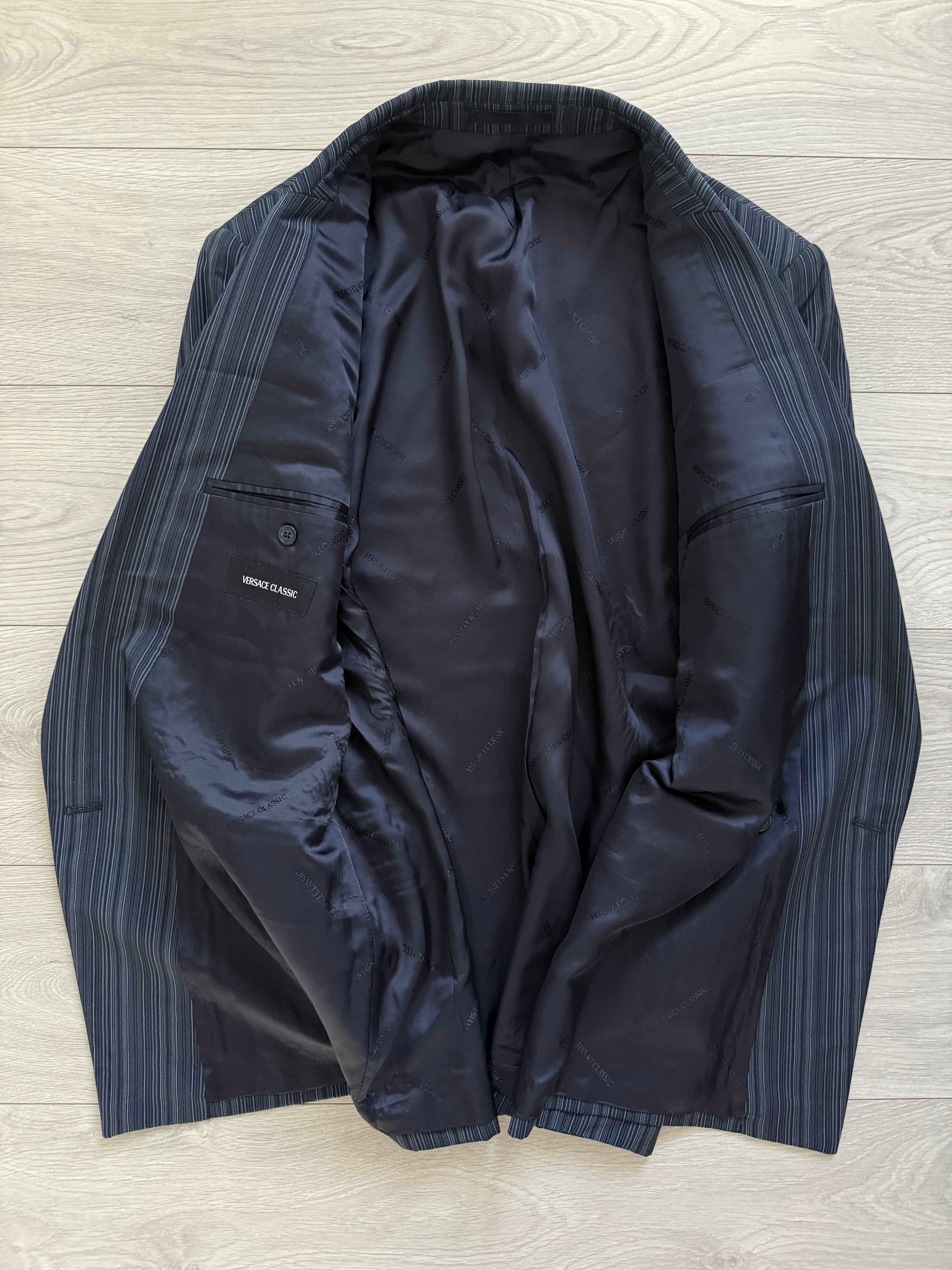 Versace 1980s Notch Lapel Double Breasted Wool Mohair Pleated Striped Suit - Size XXL Jacket / 38" Waist