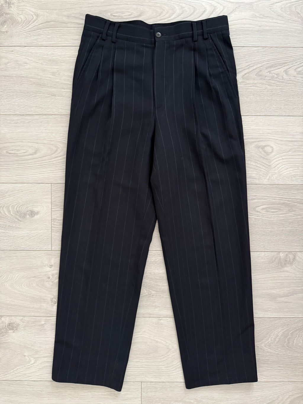 Versace 1980s Notch Lapel Double Breasted Pleated Wool Striped Suit - Size S Jacket / 32" Waist