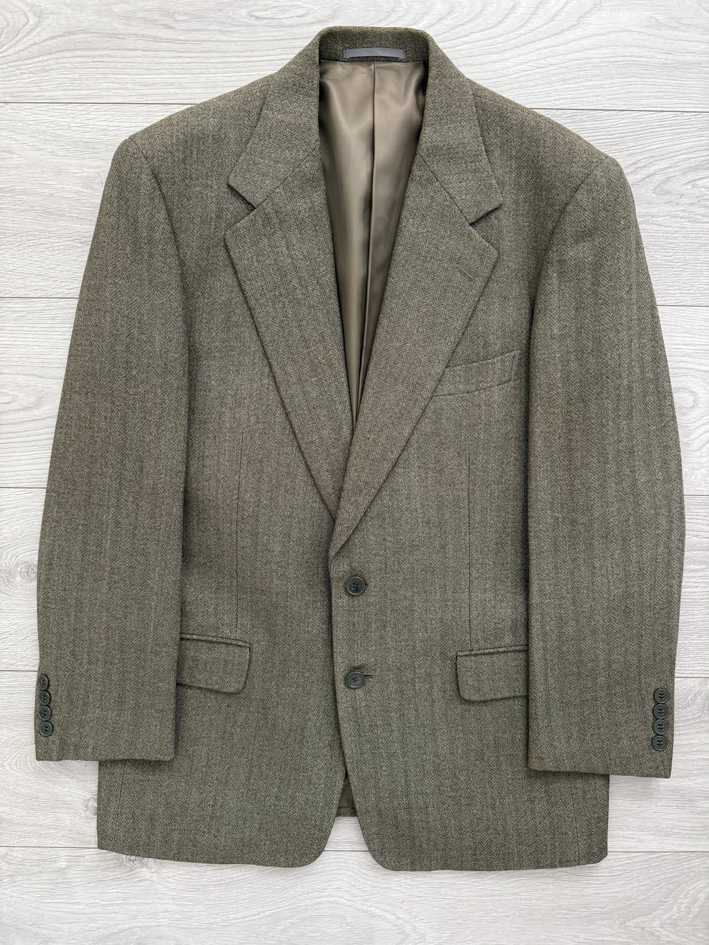 Calvin Klein 1990s 2B Herringbone Wool Double Pleat Suit Khaki Green - Size M Jacket / 32" Waist