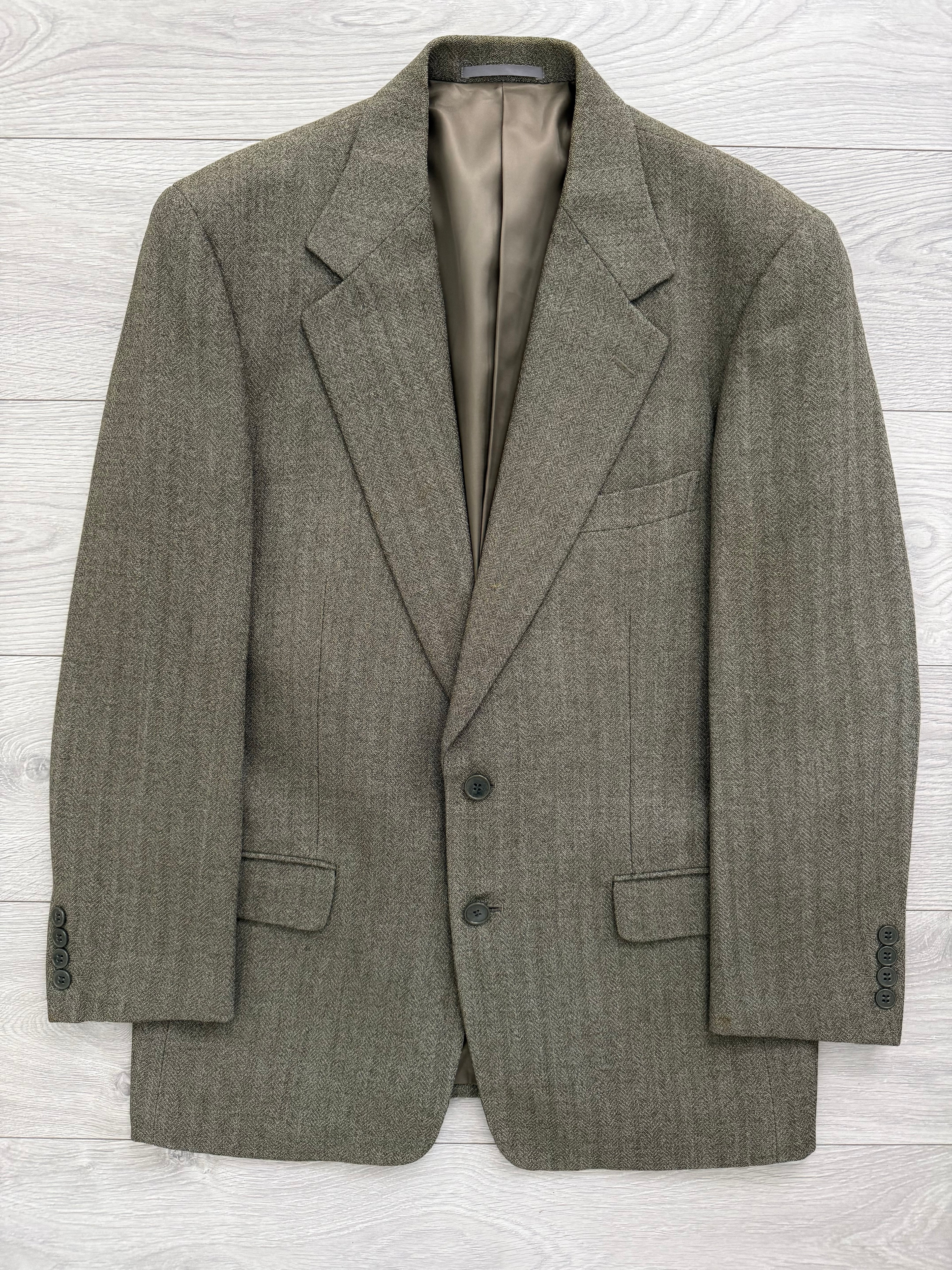 Calvin Klein 1990s 2B Herringbone Wool Double Pleat Suit Khaki Green - Size M Jacket / 32" Waist