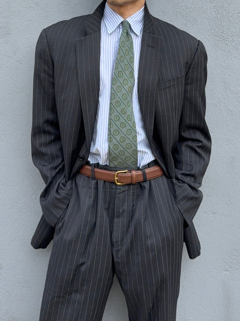 Armani 1990s 2B Charcoal Grey Striped Wool Suit - Size XXL Jacket / 38" Waist