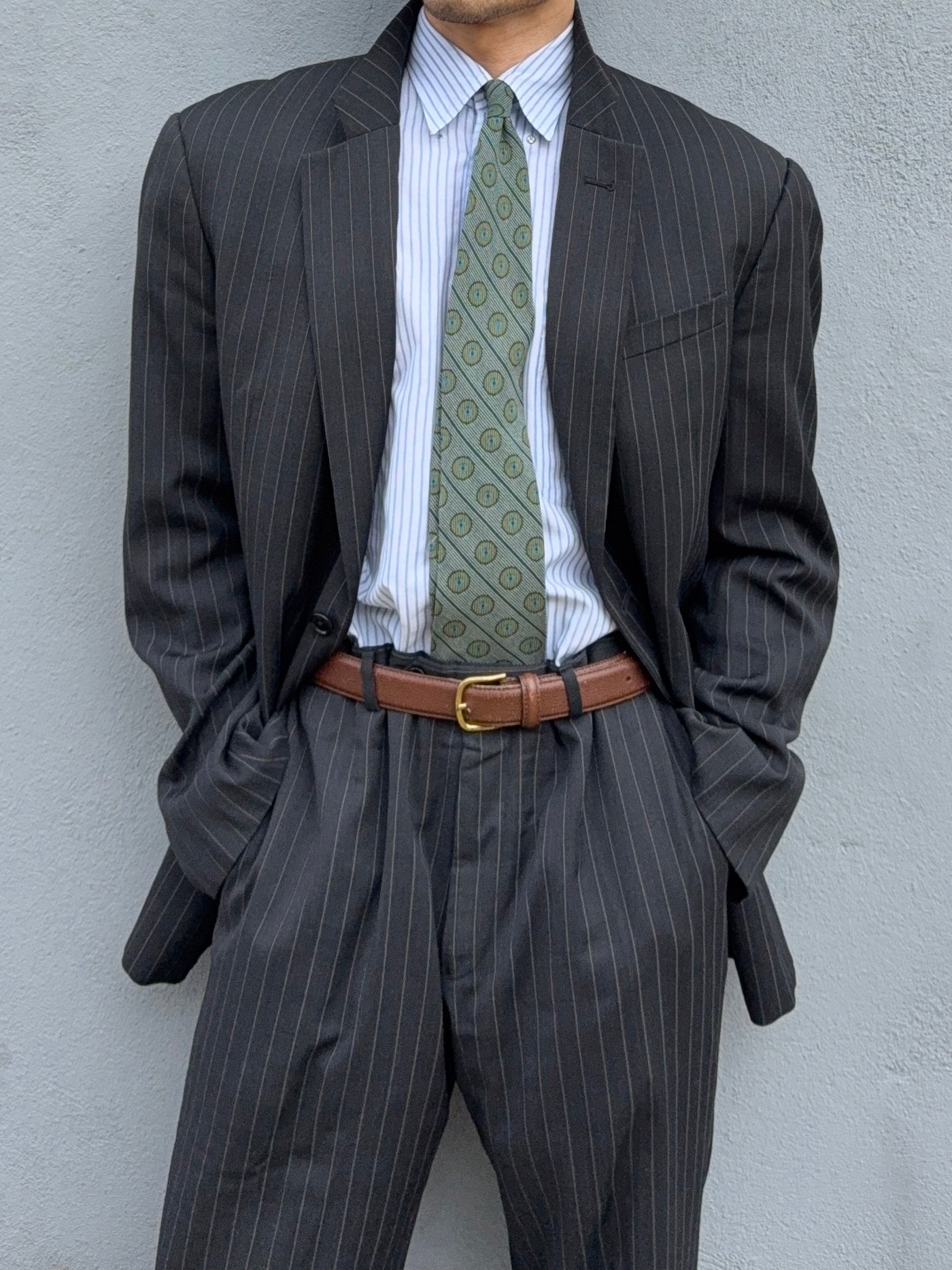 Armani 1990s 2B Charcoal Grey Striped Wool Suit - Size XXL Jacket / 38" Waist
