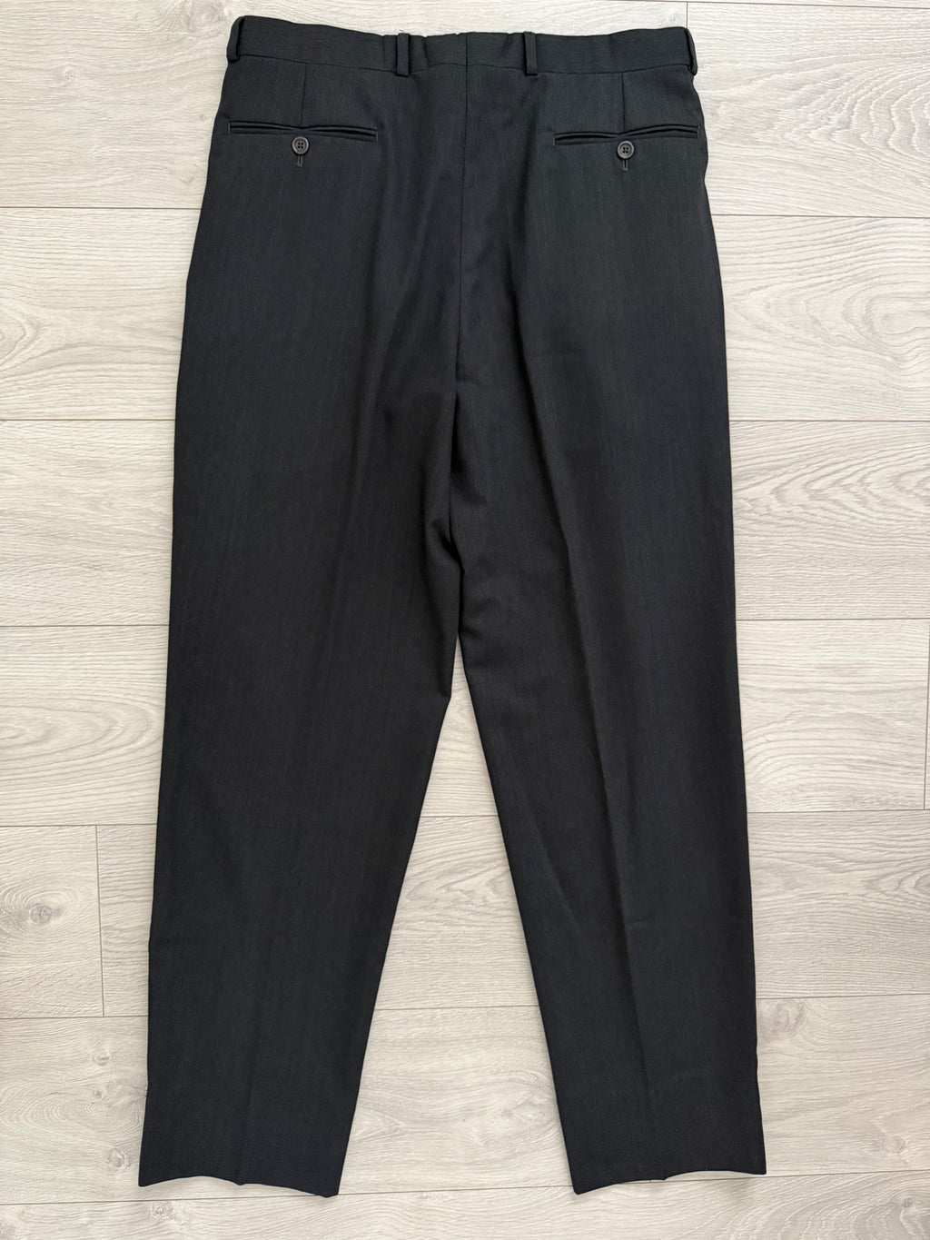 Armani 1990s Peaked Lapel Double Breasted Pleated Wool Suit Charcoal Grey - Size L Jacket / 33" Waist