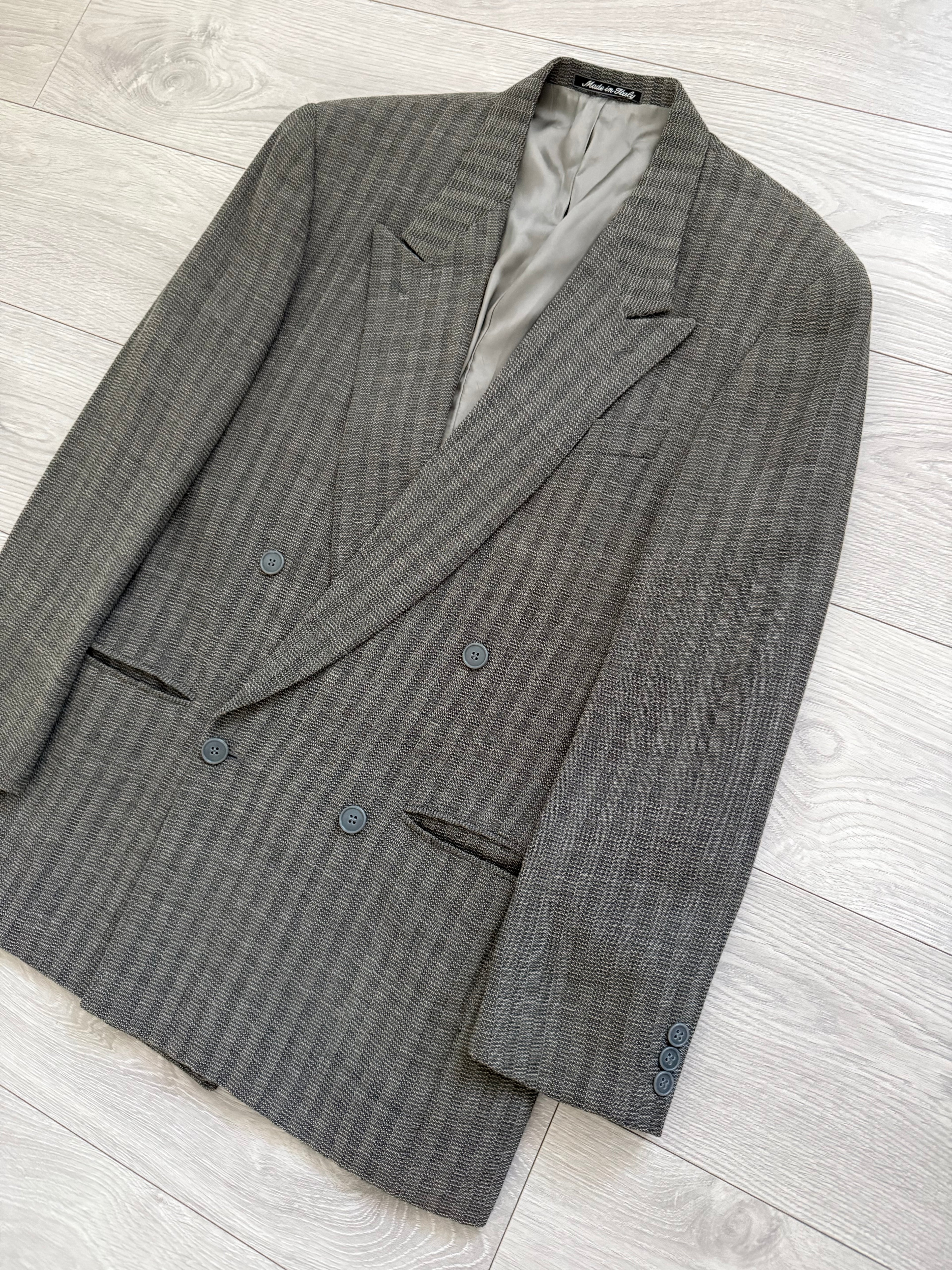 Emporio Armani 1980s Peaked Lapel Double Breasted Textured Wool Pleated Suit - Size S Jacket / 28" Waist