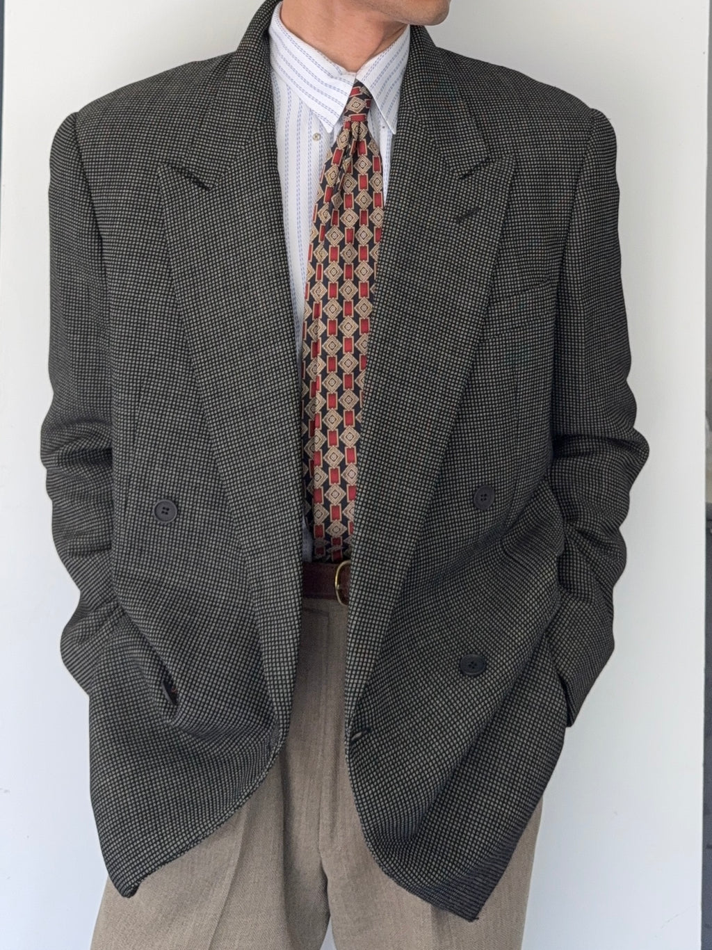 Giorgio Armani 1980s Peaked Lapel Double Breasted Textured Wool Sports Jacket Blazer - Size XXL