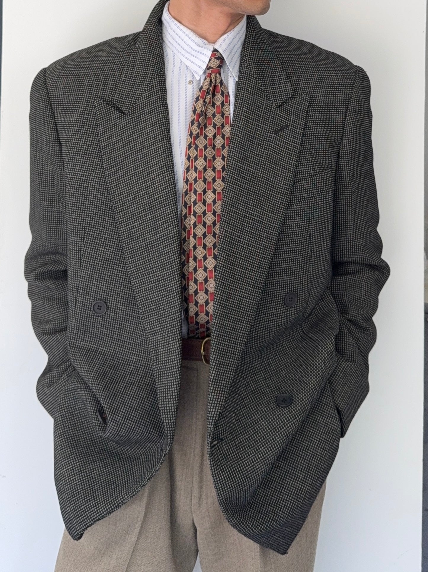 Giorgio Armani 1980s Peaked Lapel Double Breasted Textured Wool Sports Jacket Blazer - Size XXL