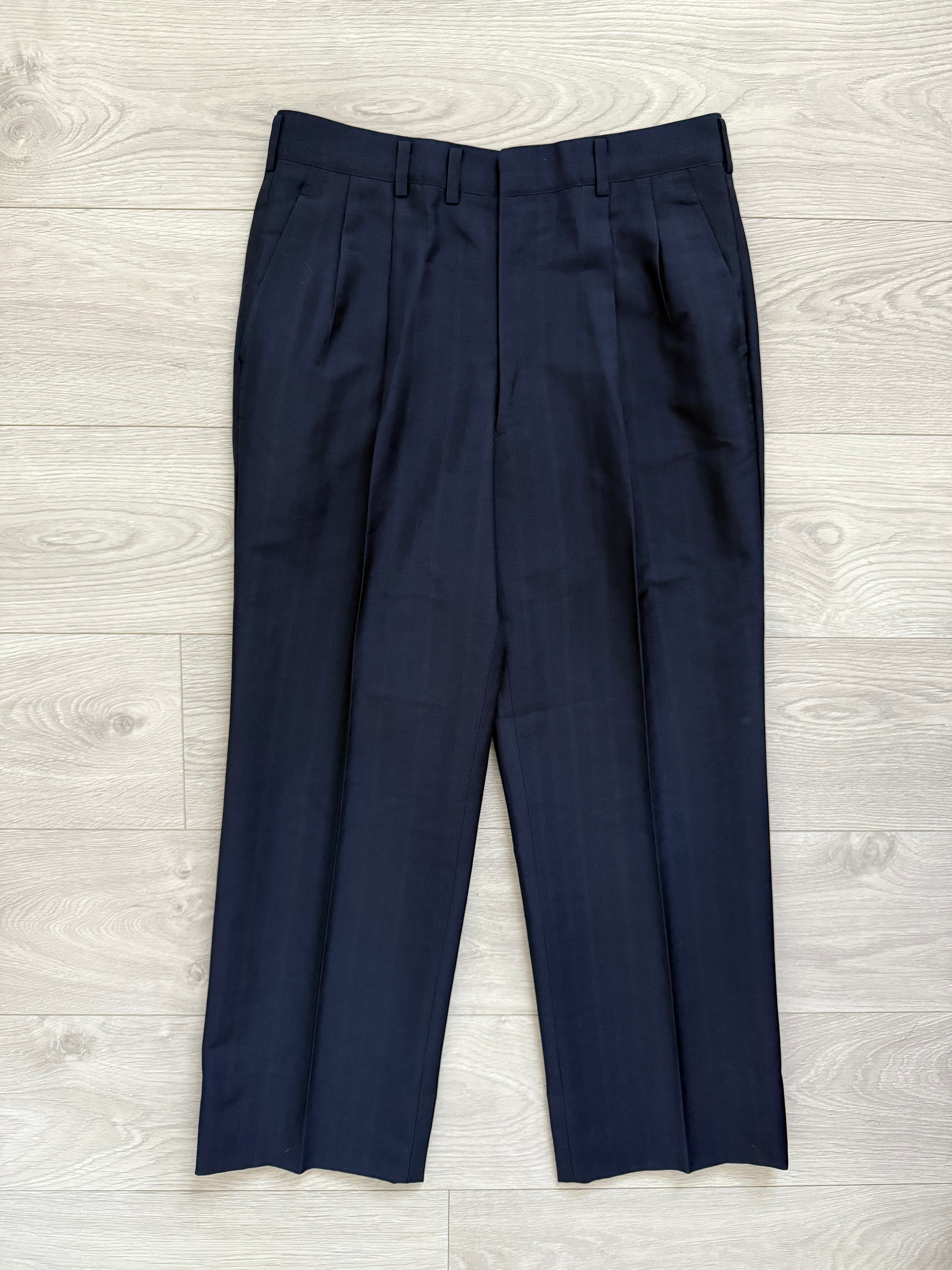 Yves Saint Laurent 1990s Double-Breasted Pleated Striped Blue Wool Suit - Size L Jacket / 32" Waist