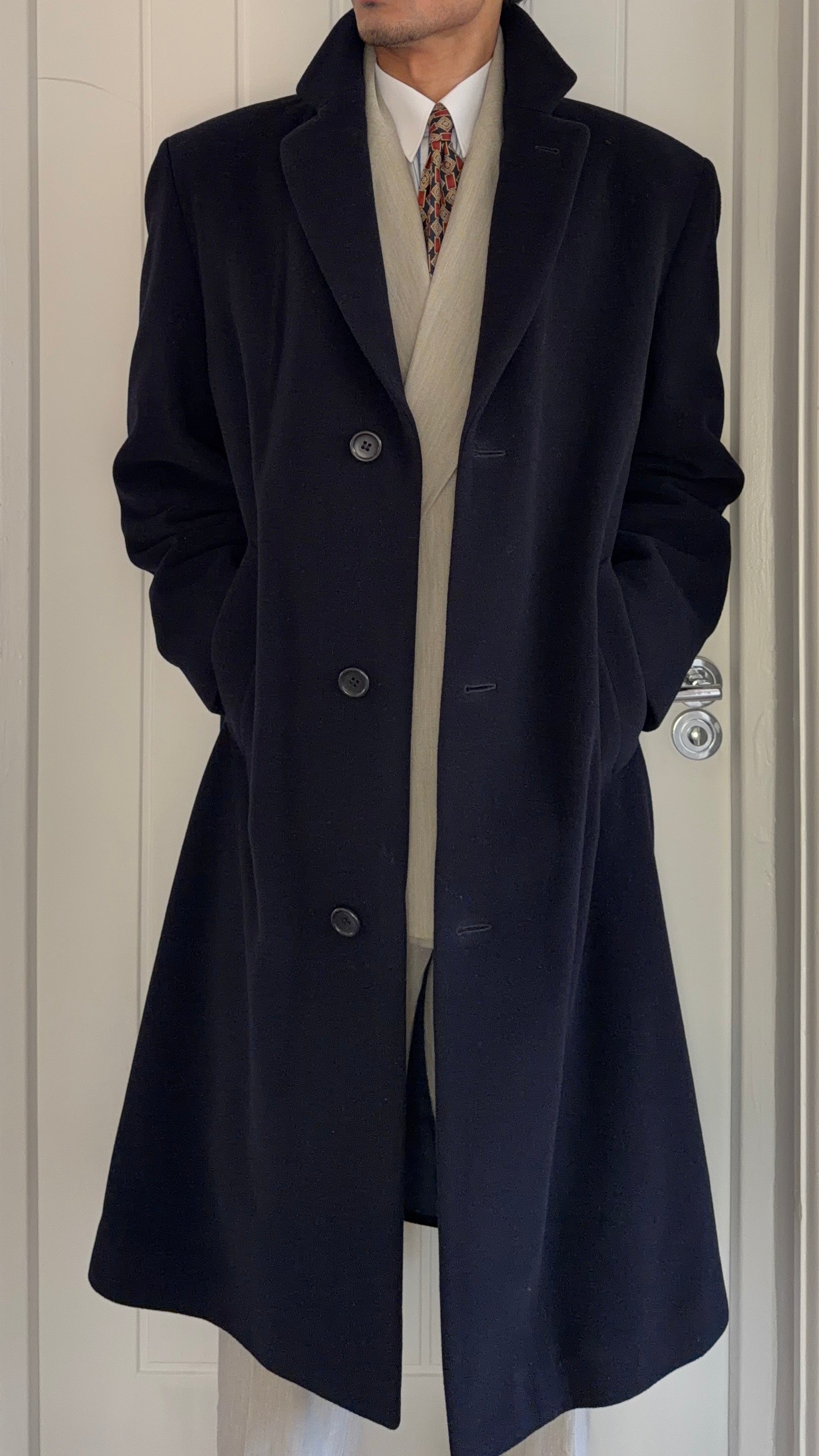 Hugo Boss 1990s Single Breasted Navy Wool Overcoat - Size XL
