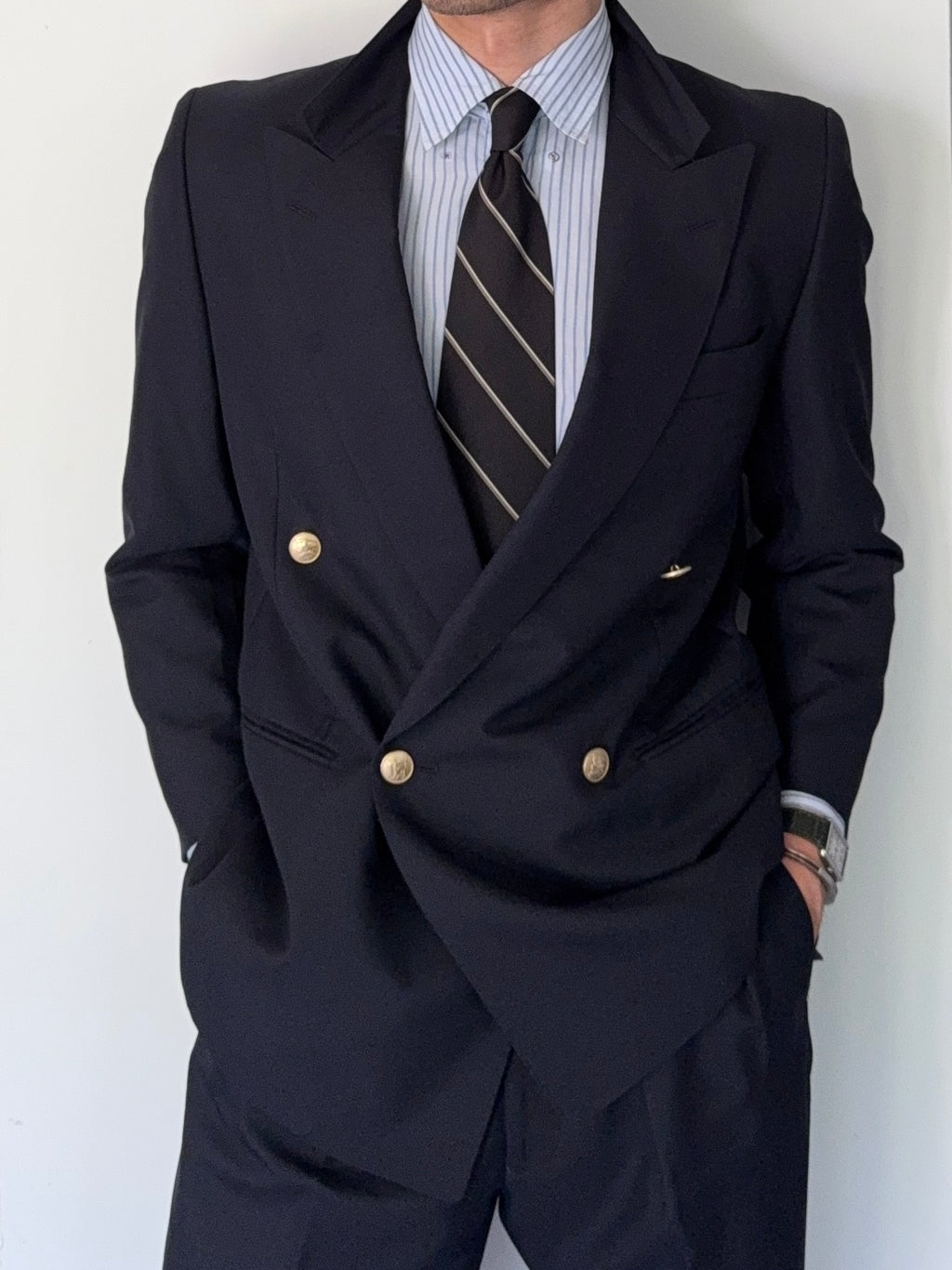 Burberry 1980s Peaked Lapel Double Breasted Pleated Wool Suit Navy - Size S Jacket / 32" Waist