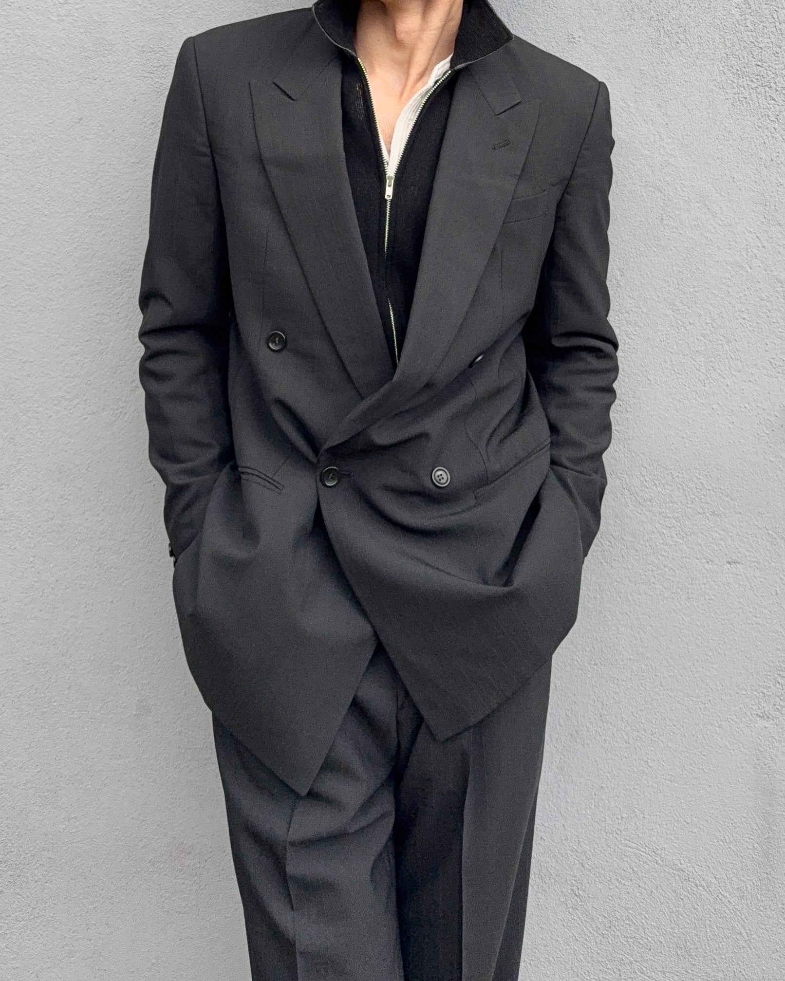 Armani 1990s Double Breasted Grey Striped Pleated Suit - Size M Jacket / 32" Waist