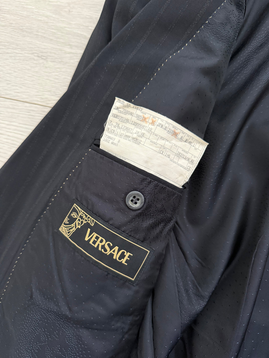 Versace 1980s 6B Peaked Lapel Double Breasted Pleated Wool Striped Suit - Size S Jacket / 33" Waist