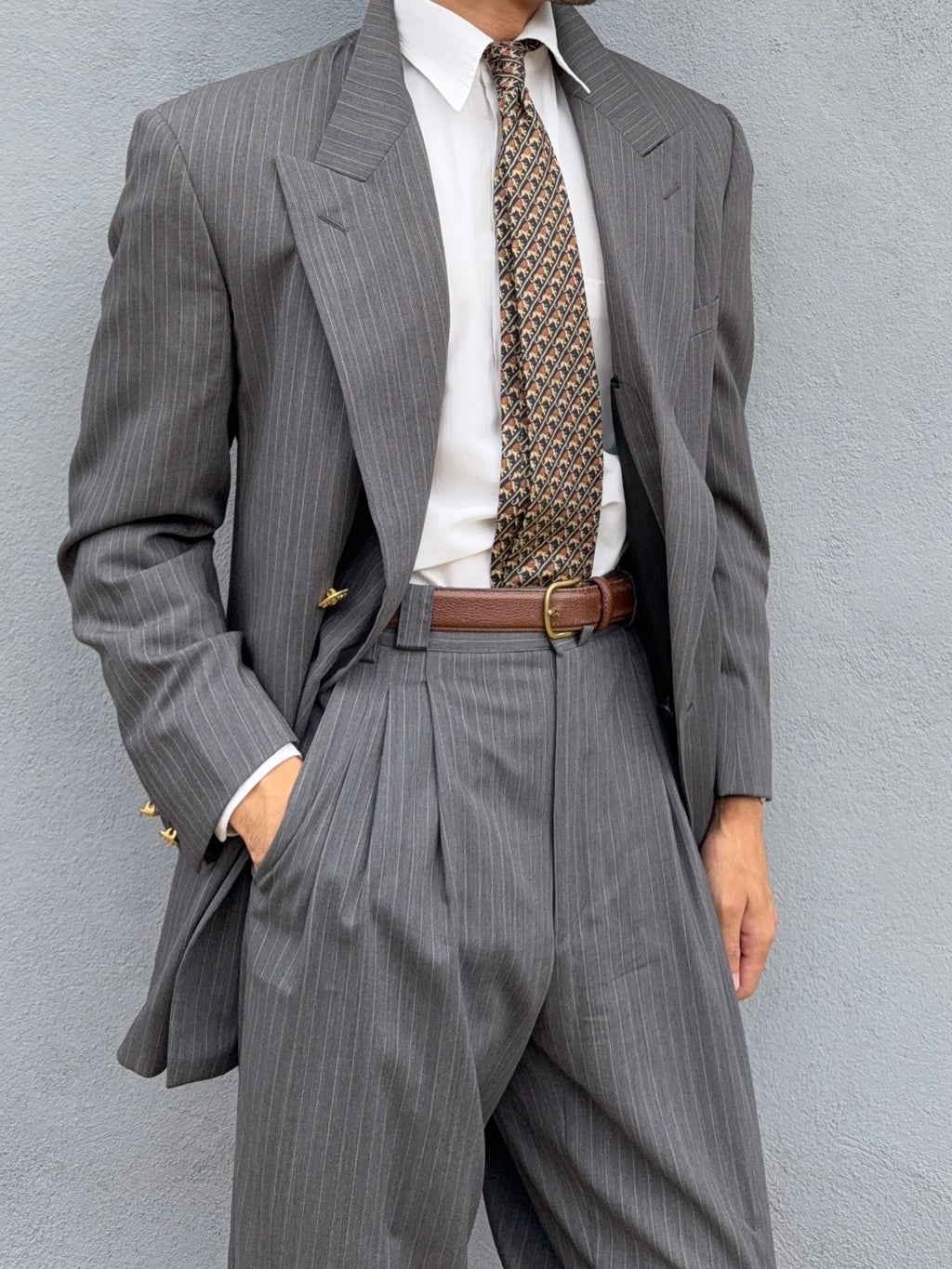 Versace 1980s Peaked Lapel Double Breasted Medusa Metal Button Triple Pleat Striped Wool Suit - Size S Jacket / 30" Waist