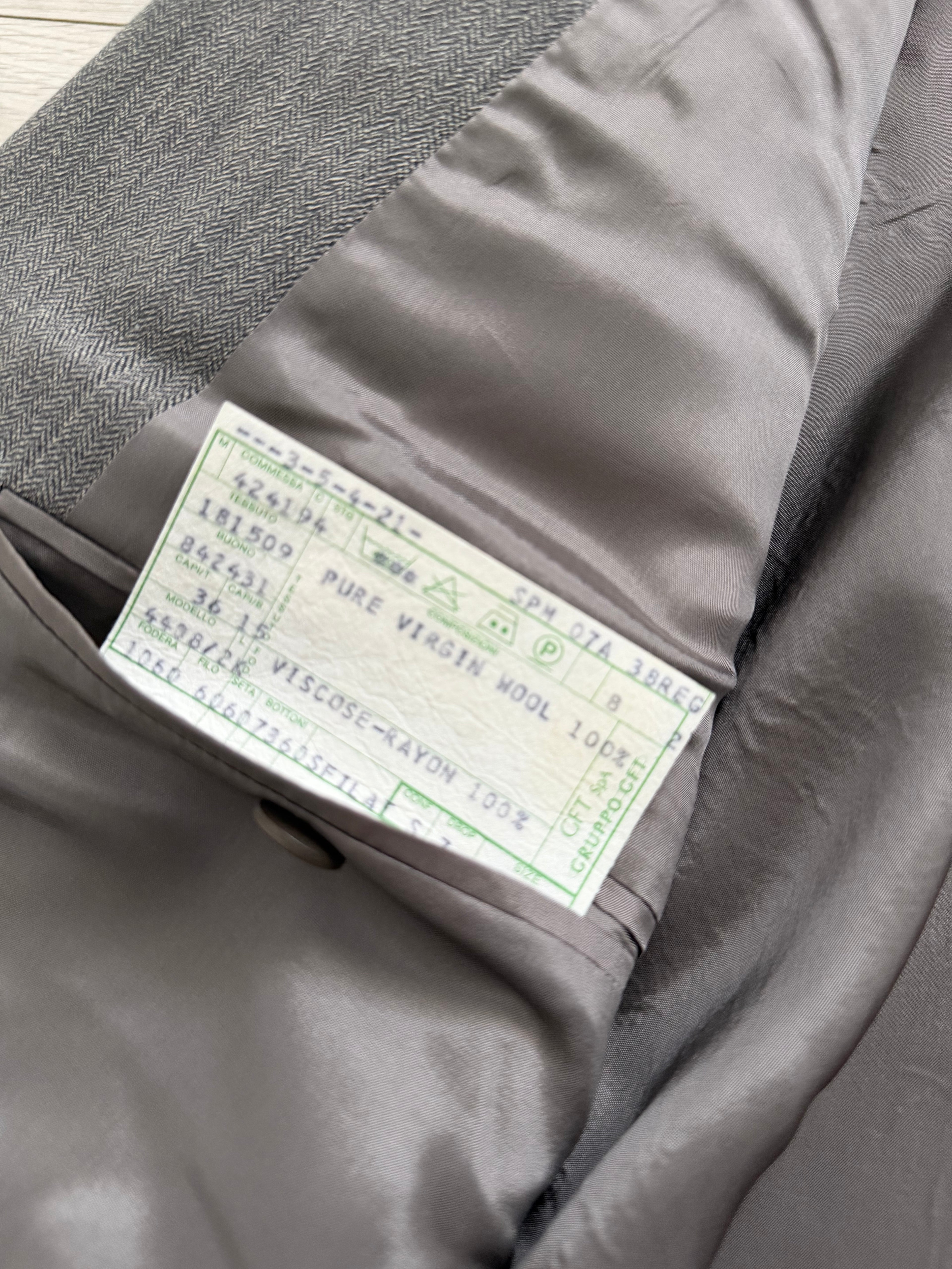 Giorgio Armani 1980s Peaked Lapel Double Breasted Herringbone Wool Grey Suit - Size M Jacket / 32" Waist