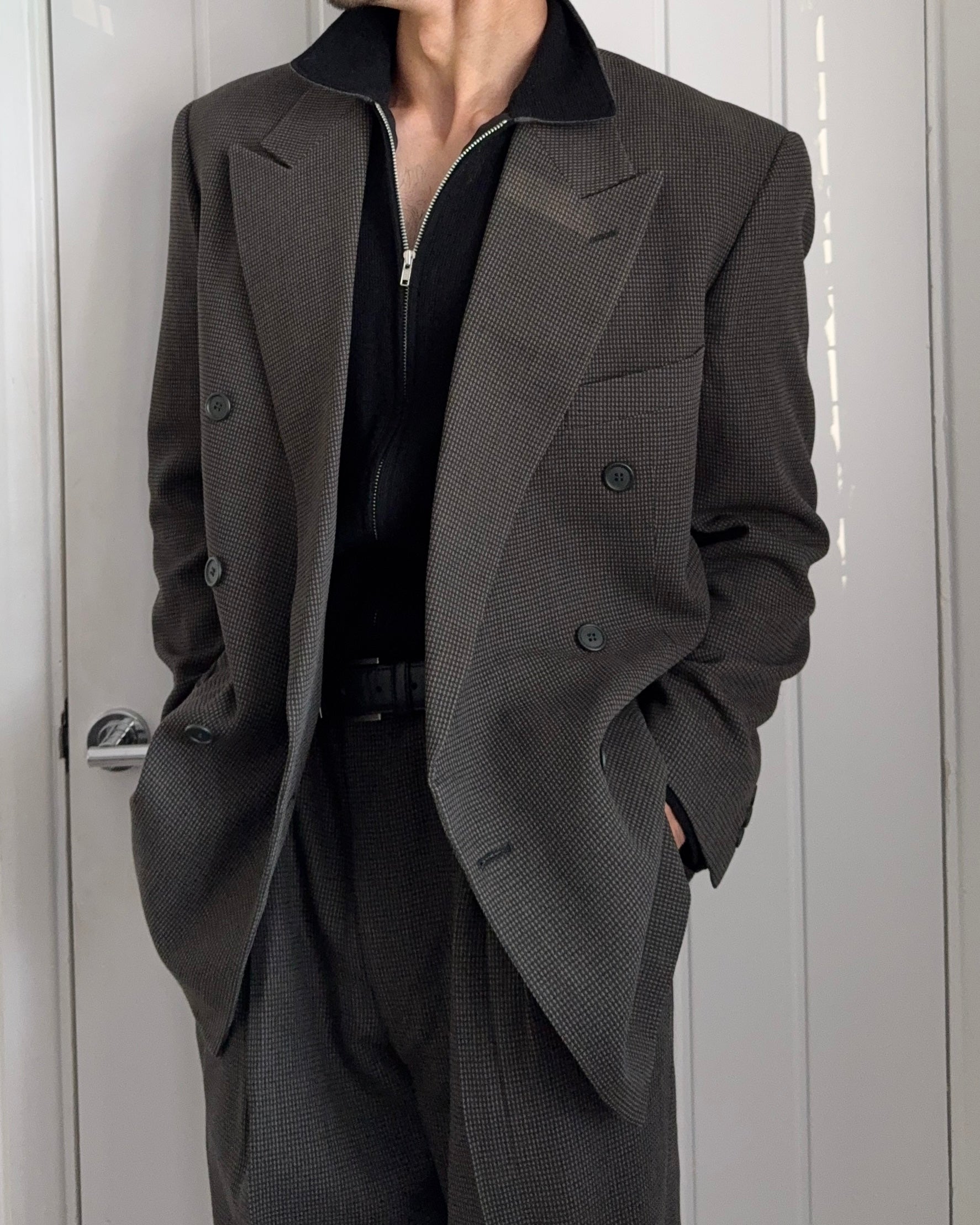 Giorgio Armani 1980s Double-Breasted Pleated Textured Wool Suit - Size L Jacket / 34" Waist