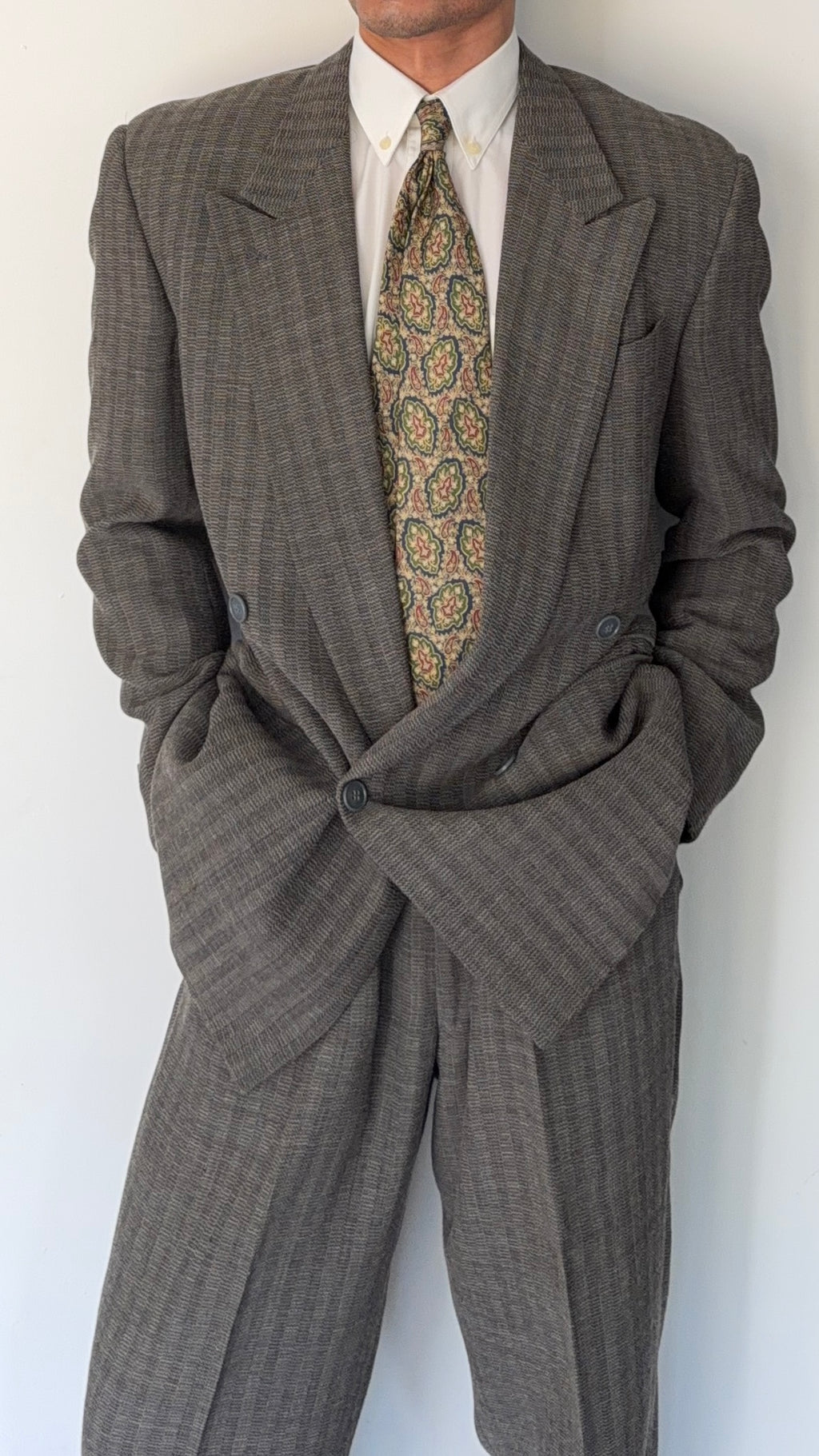 Emporio Armani 1980s Peaked Lapel Double Breasted Textured Wool Pleated Suit - Size S Jacket / 28" Waist