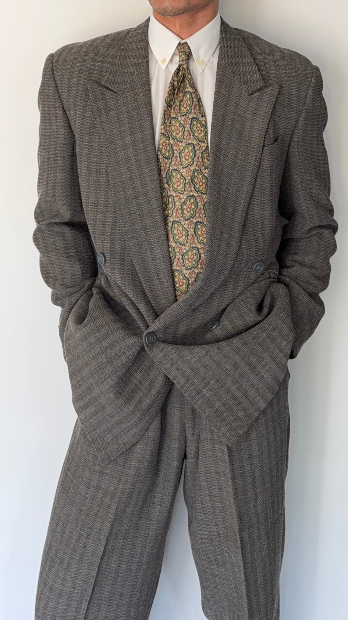 Emporio Armani 1980s Peaked Lapel Double Breasted Textured Wool Pleated Suit - Size S Jacket / 28" Waist