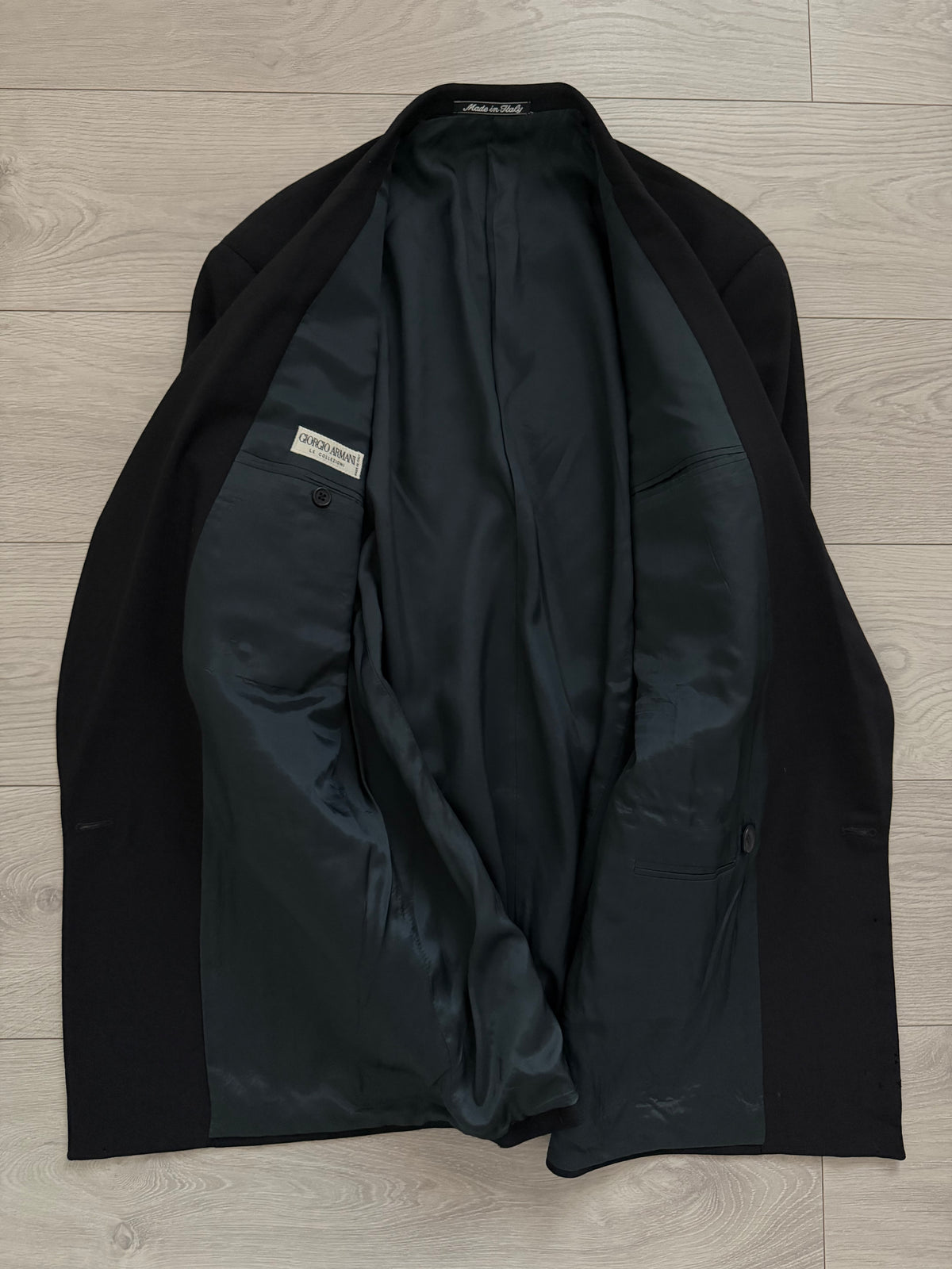 Giorgio Armani 1980s Peaked Lapel Double Breasted Metal Button Wool Sport Jacket Blazer Black  - Size L