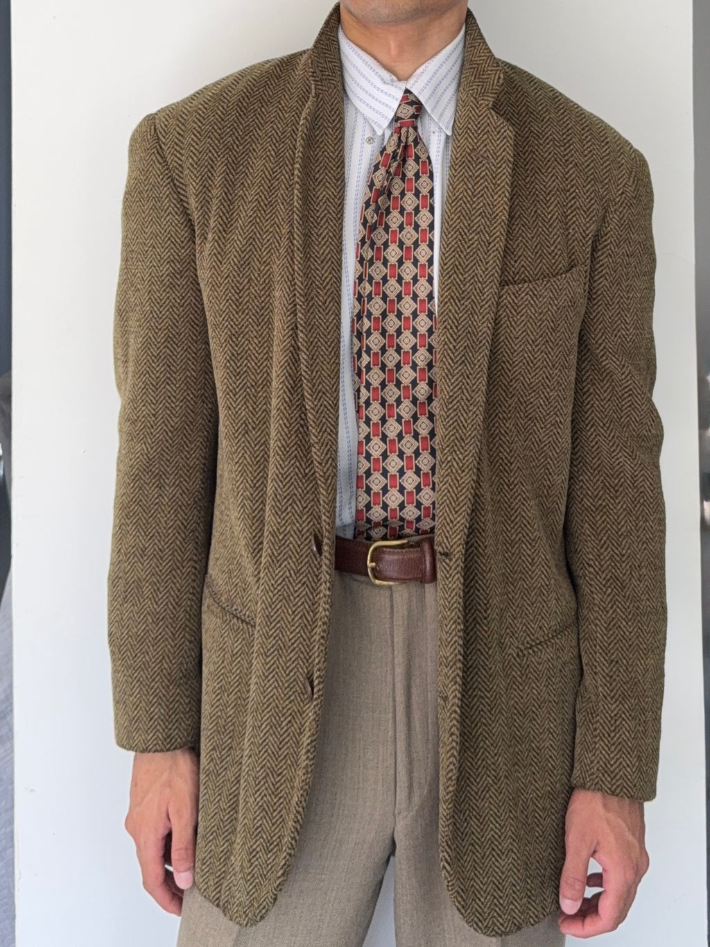 Emporio Armani 1990s 2B Herringbone Wool Textured Green Brown Sports Blazer Jacket - Size M