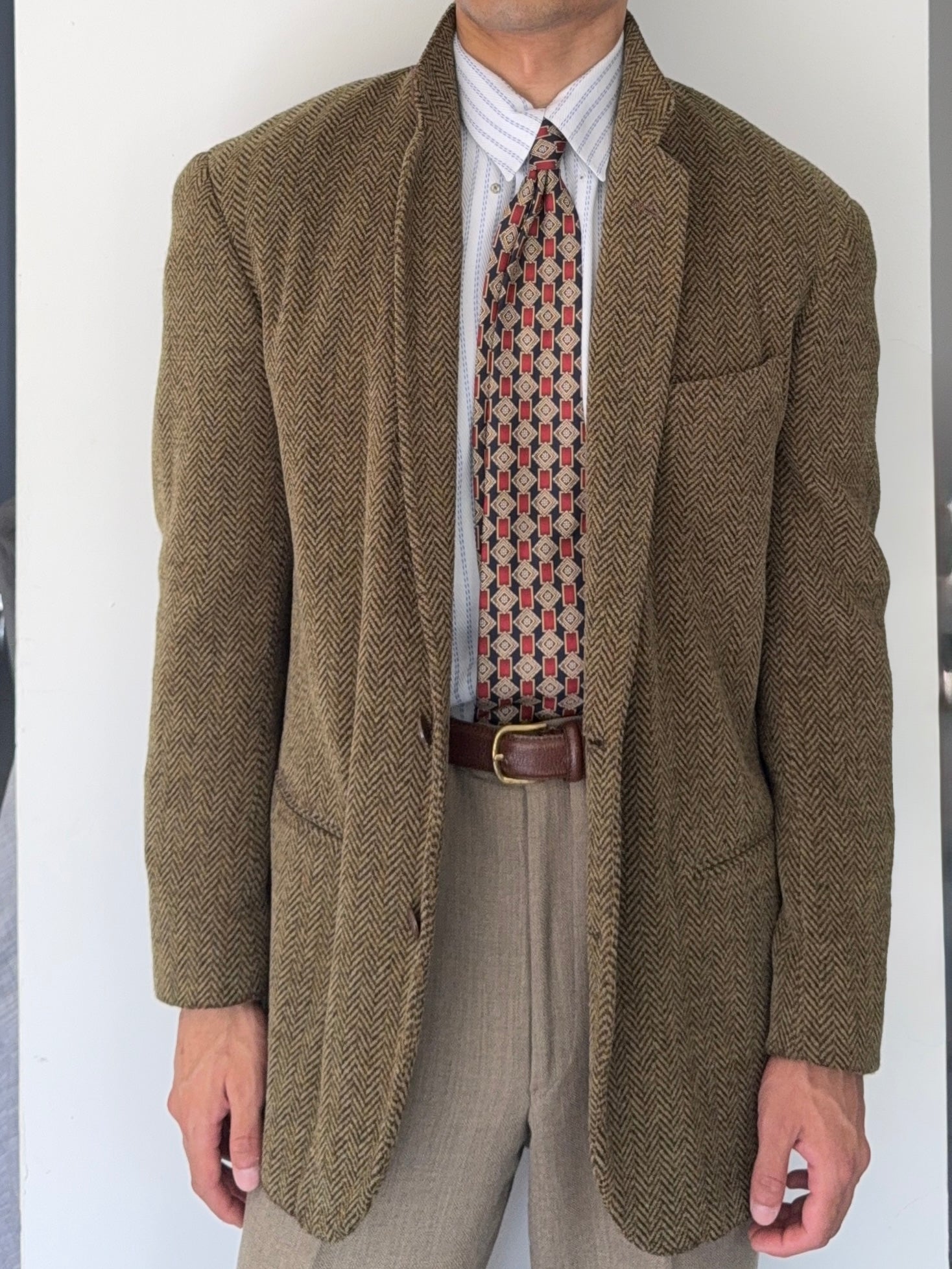 Emporio Armani 1990s 2B Herringbone Wool Textured Green Brown Sports Blazer Jacket - Size M