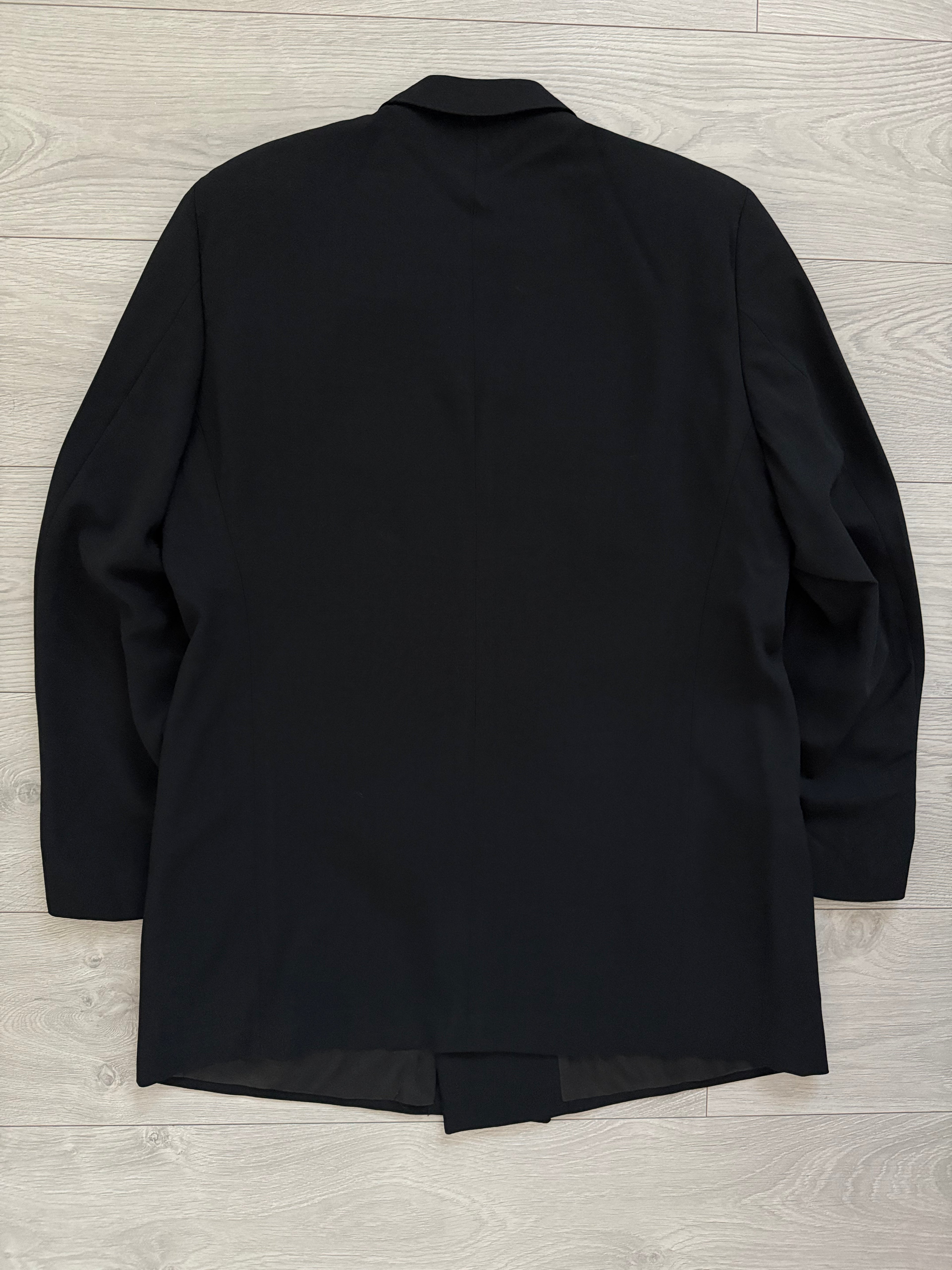 Giorgio Armani 1980s Peaked Lapel Double Breasted Black Wool Pleated Lightweight Suit - Size XL Jacket / 35" Waist