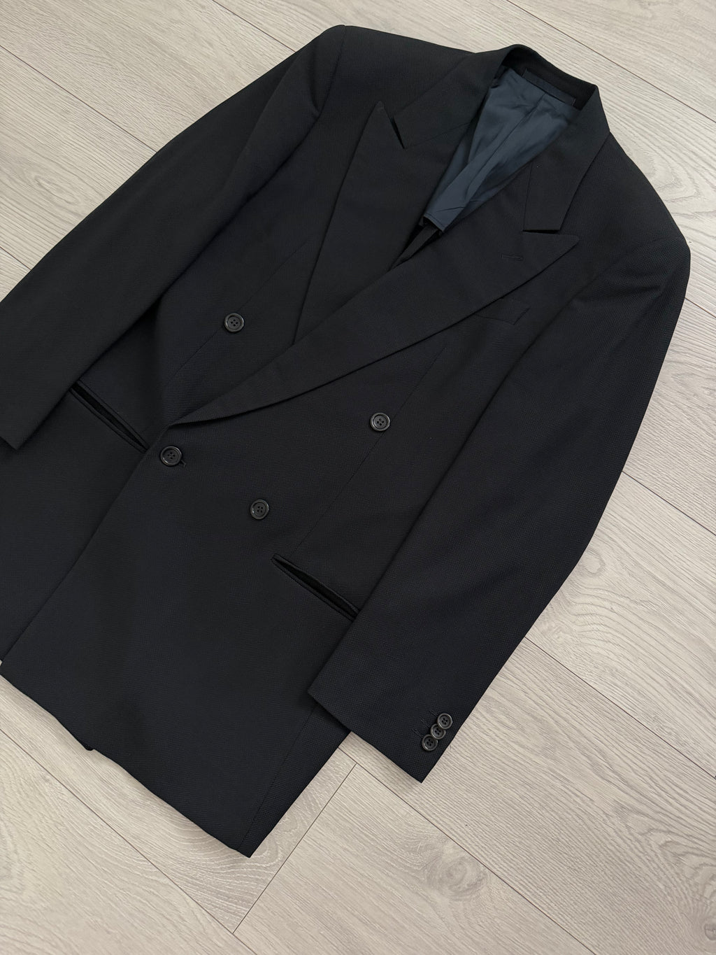 Armani 1990s Peaked Lapel Double Breasted Pleated Textured Wool Suit Black - Size S Jacket / 30" Waist