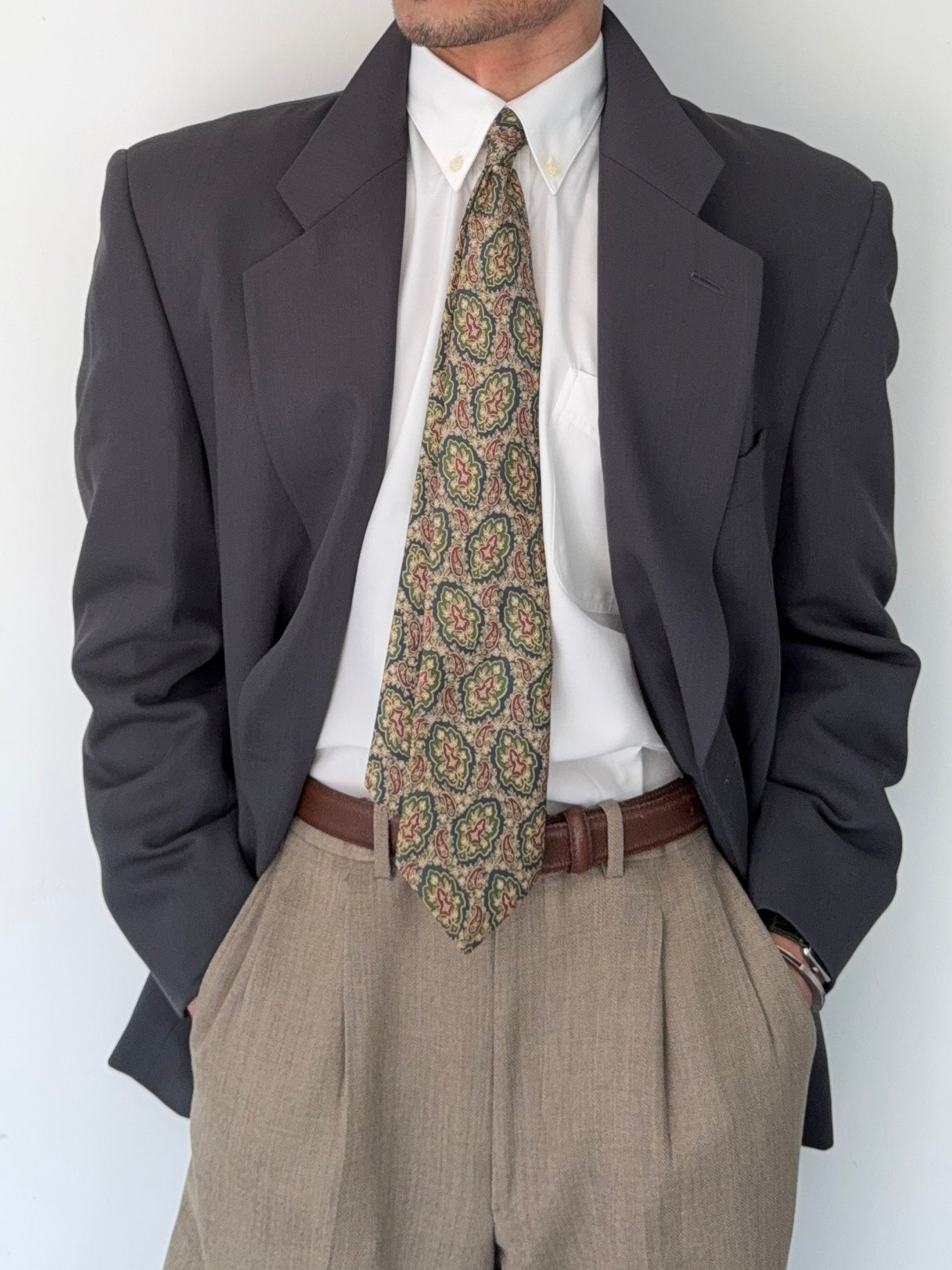 Hilton Armani Vesitmenta 1990s 2B Draped Wool Sports Jacket Blazer Charcoal Green - Size L