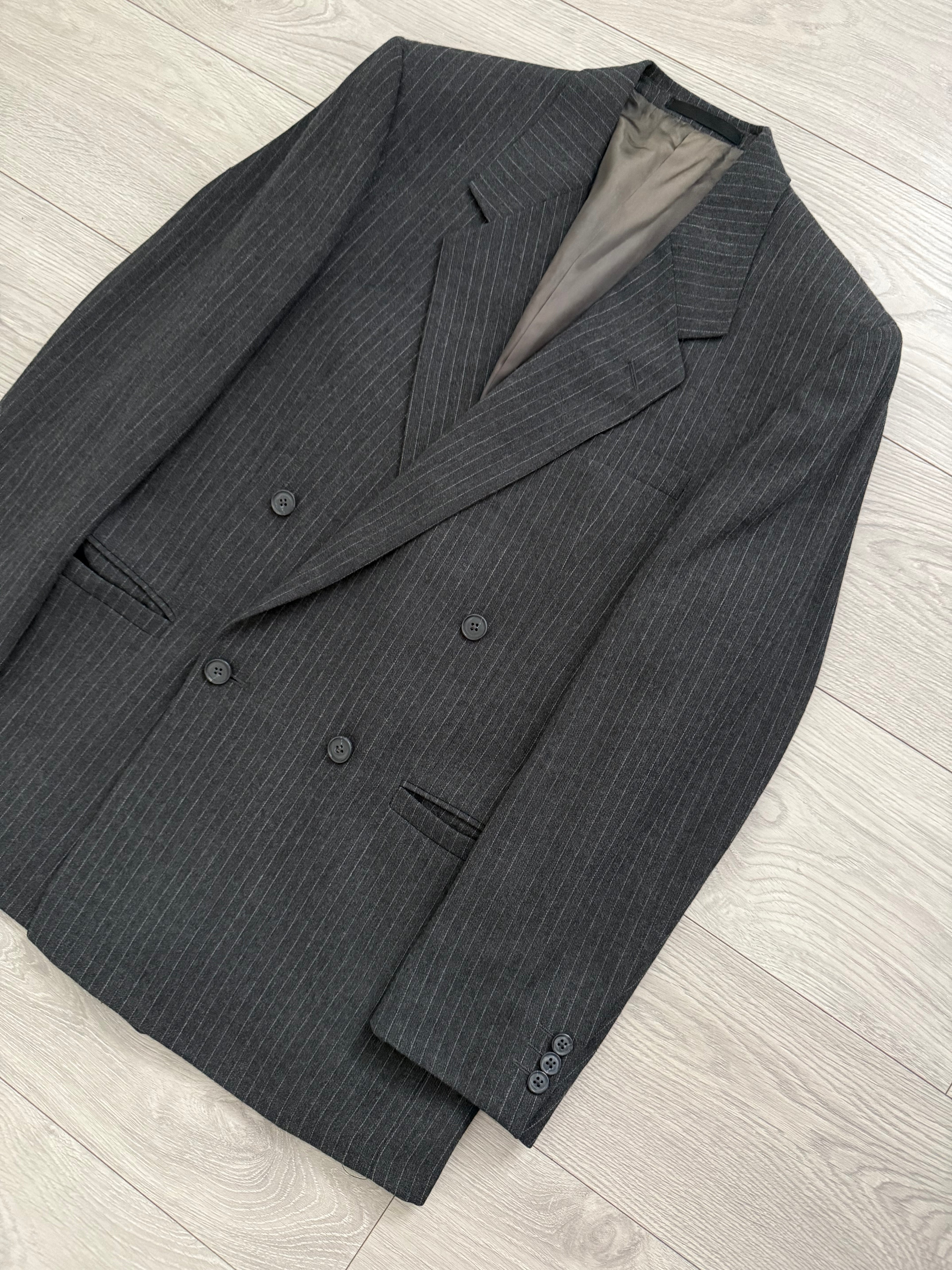 Versace 1980s Notch Lapel Double Breasted Pleated Wool Pinstriped Suit Grey - Size M Jacket / 32" Waist