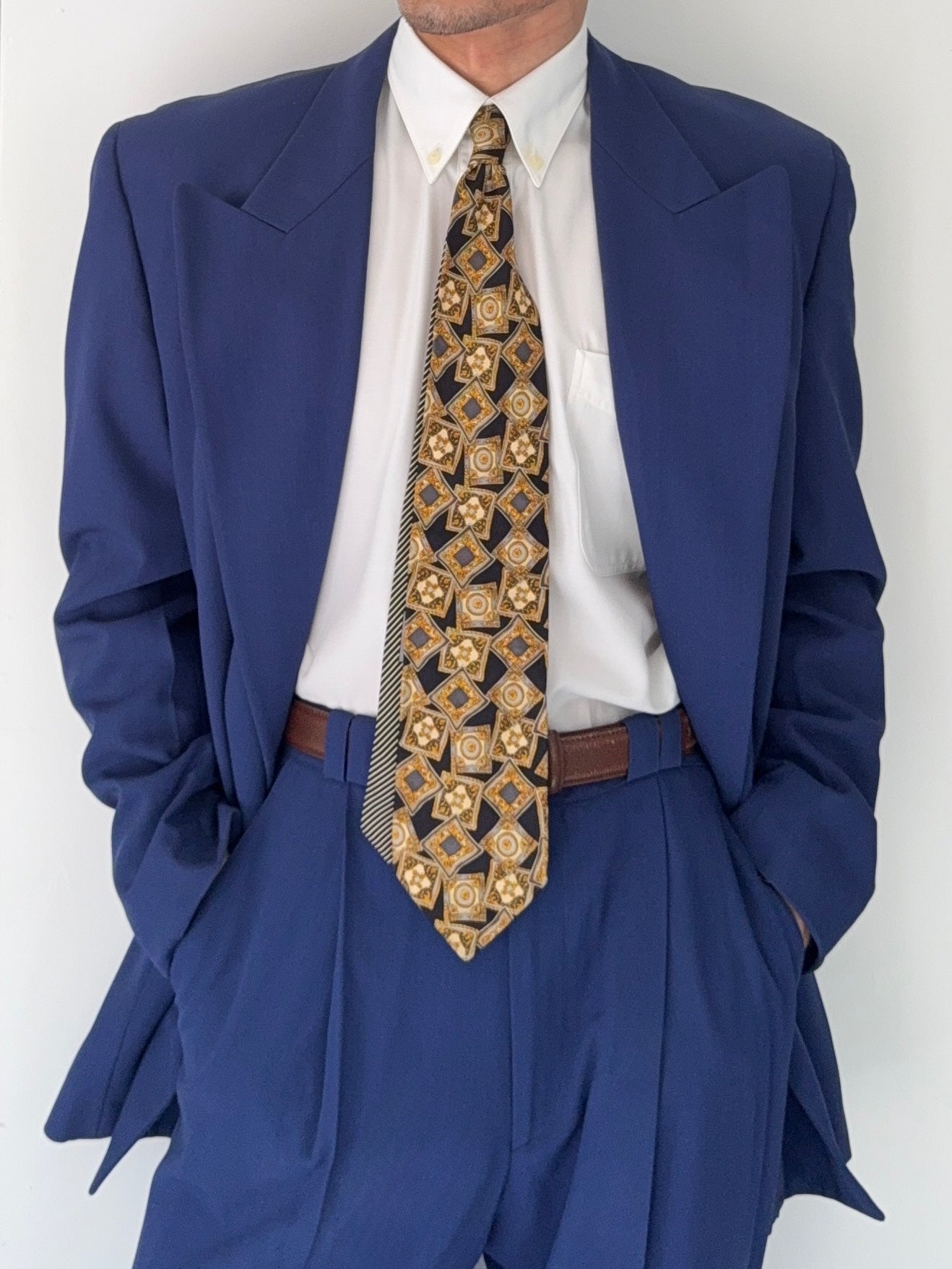 Versace 1980s Draped Hidden Button Peaked Lapel Double Breasted Pleated Wool Suit - Size L Jacket / 32" Waist