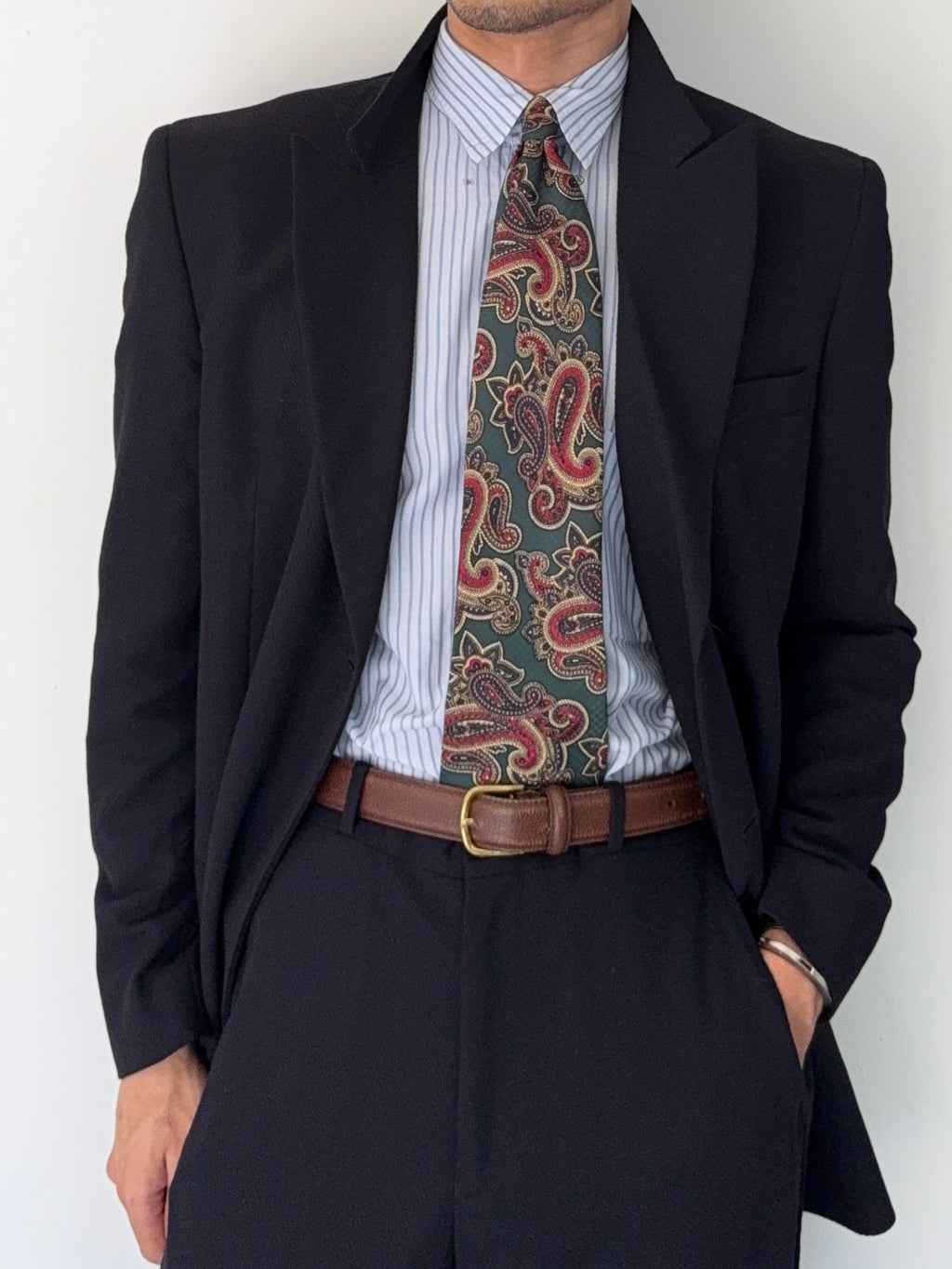 Emporio Armani 1990s 6B Peaked Lapel Double Breasted Herringbone Wool Suit Navy - Size S Jacket / 30" Waist