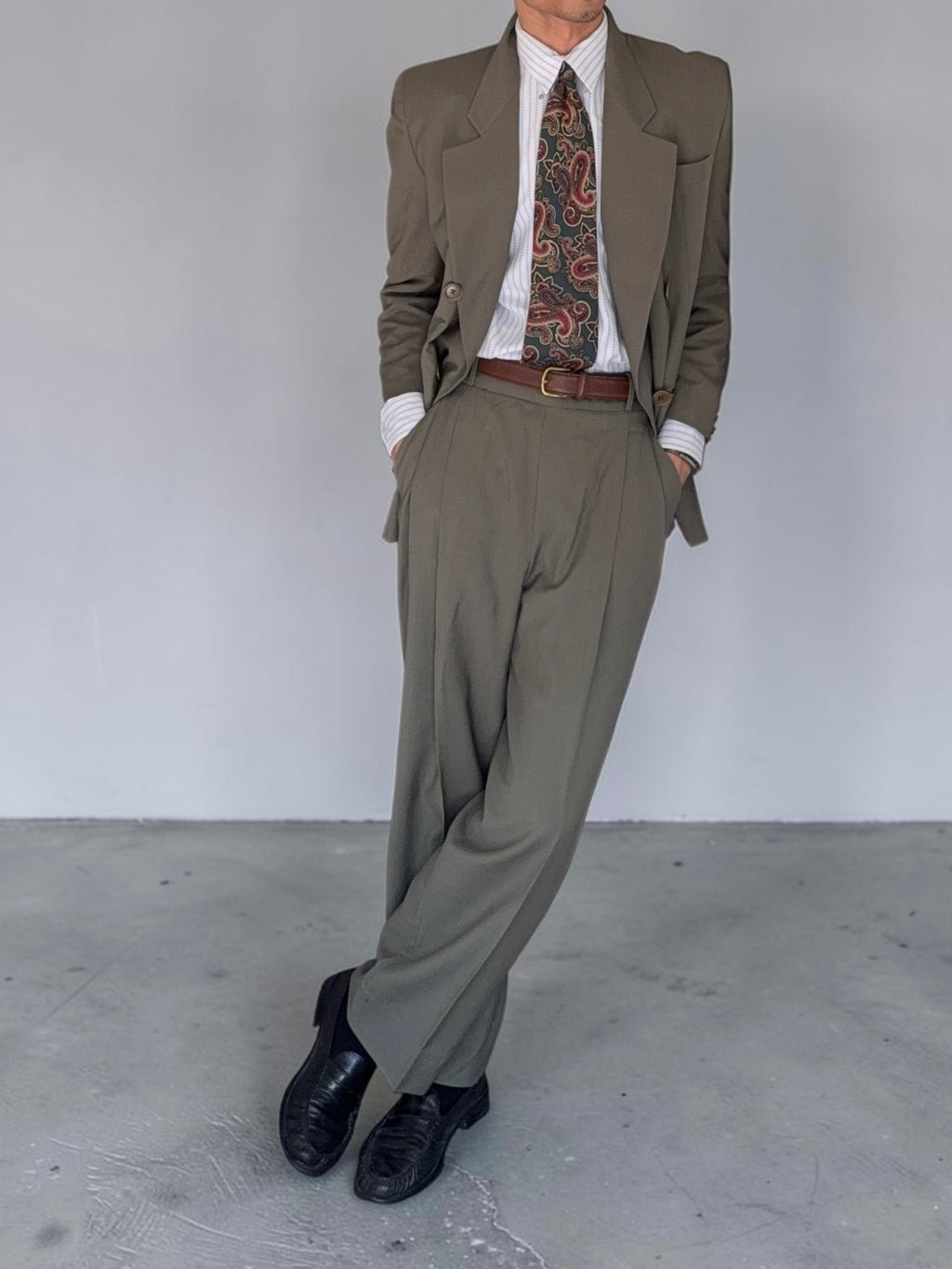 Basile 1980s Peaked Lapel Double Breasted Draped Wool Suit - Size S Jacket / 28" Waist
