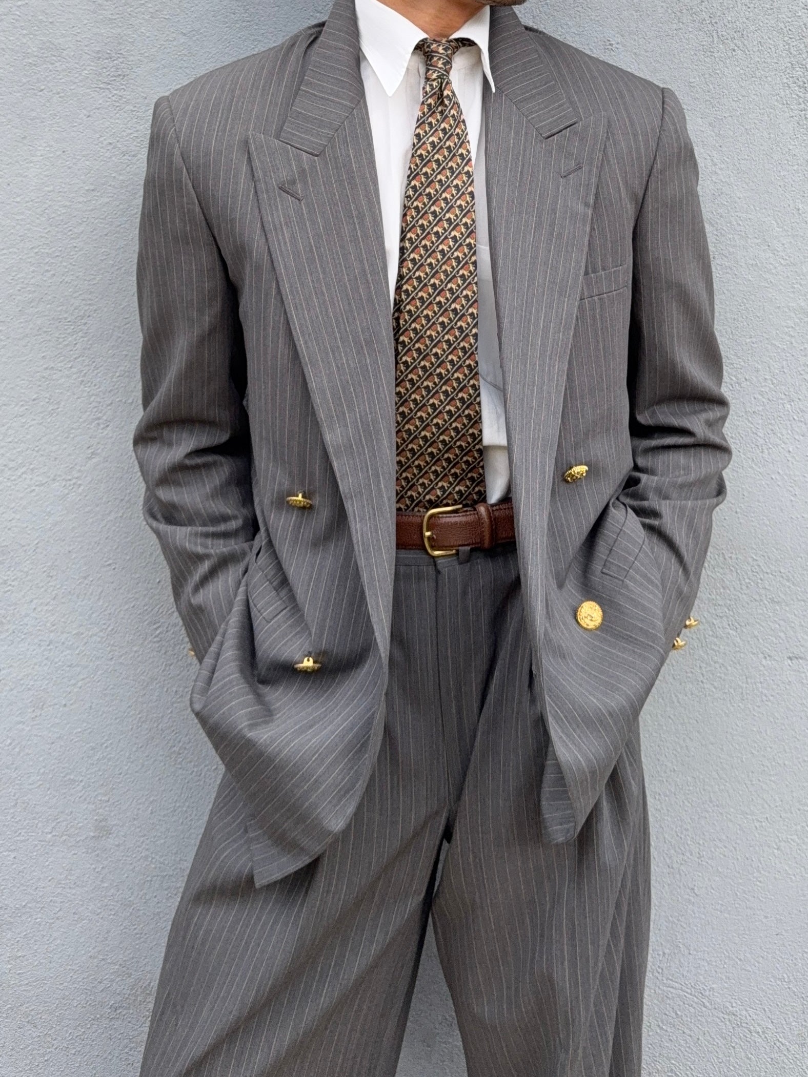 Versace 1980s Peaked Lapel Double Breasted Medusa Metal Button Triple Pleat Striped Wool Suit - Size S Jacket / 30" Waist