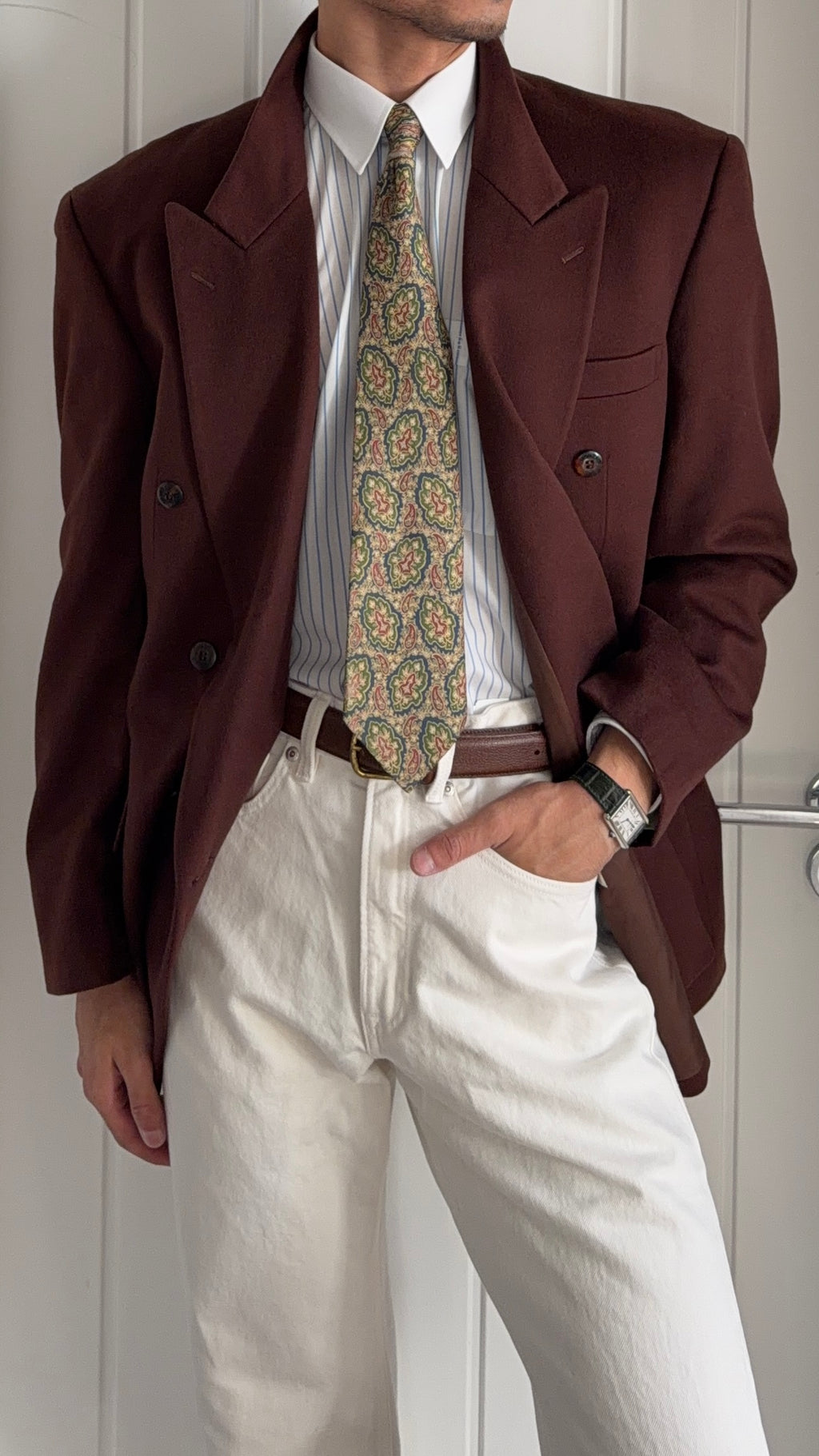 Givenchy 1980s Peaked Lapel Double Breasted Bugundy Wine Wool Cashmere Sport Jacket Blazer  - Size XL