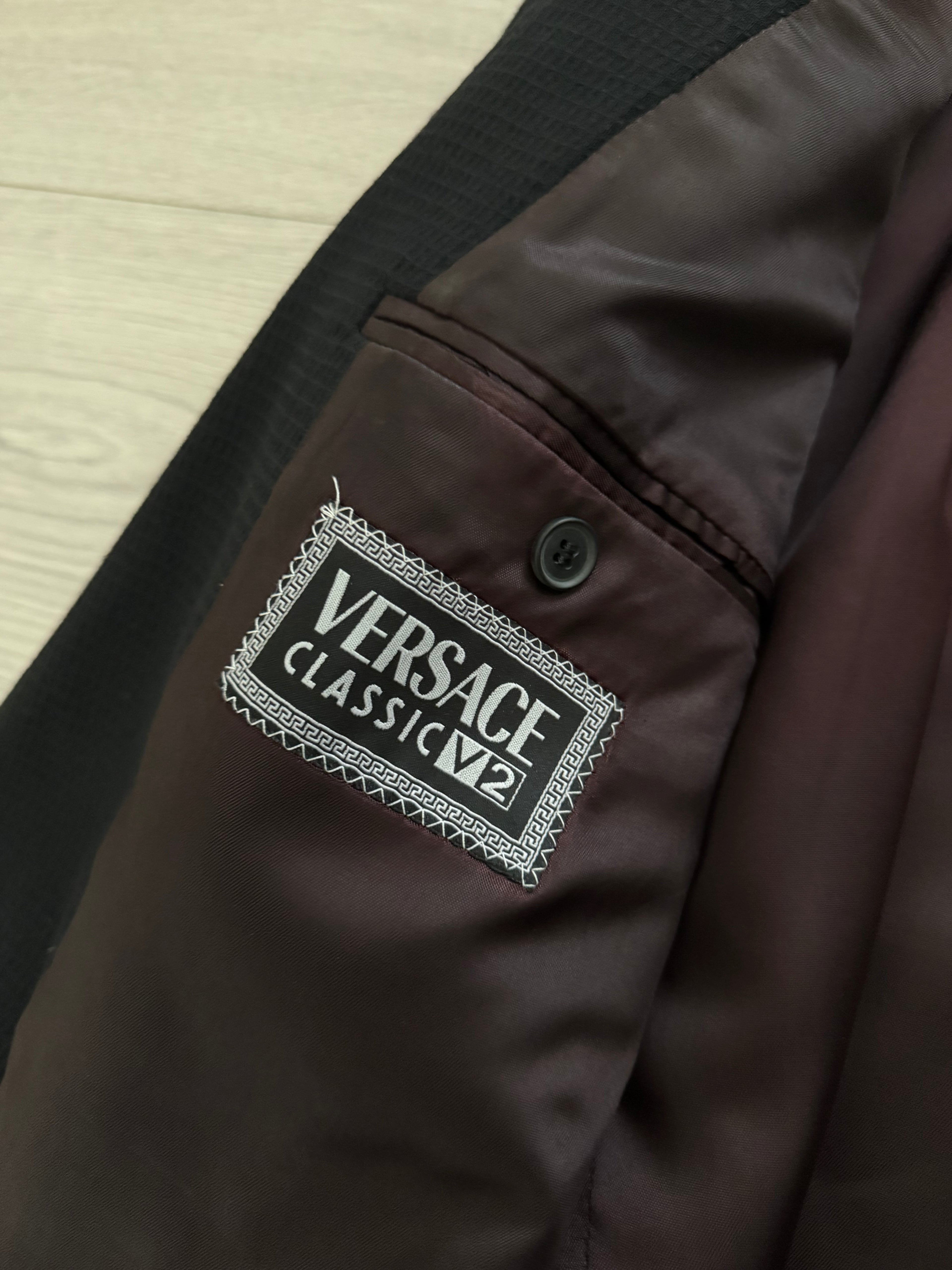 Versace 1980s Double Breasted Notch Lapel Textured Wool Sports Blazer Jacket Black - Size M