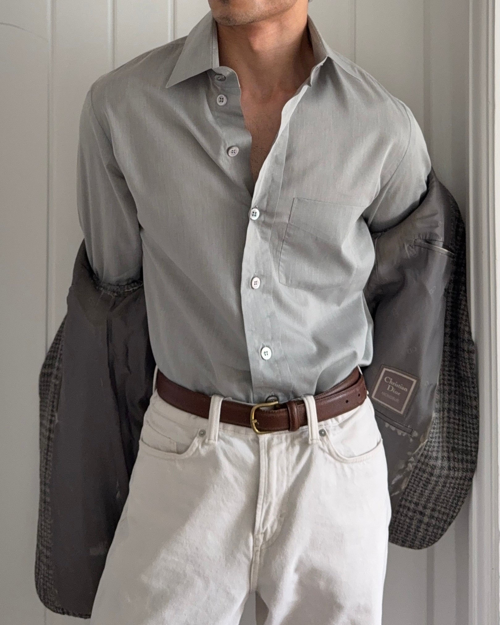 Armani 1990s Green Grey Cotton Shirt - Size M