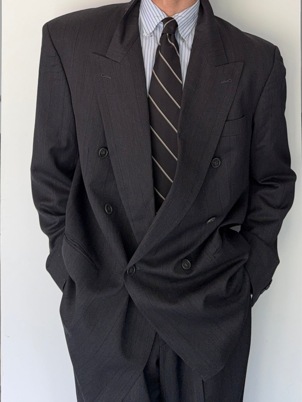 Hugo Boss 1980s 'Al Capone' Double Breasted Pleated Wool Cashmere Suit - Size XXL Jacket / 36" Waist