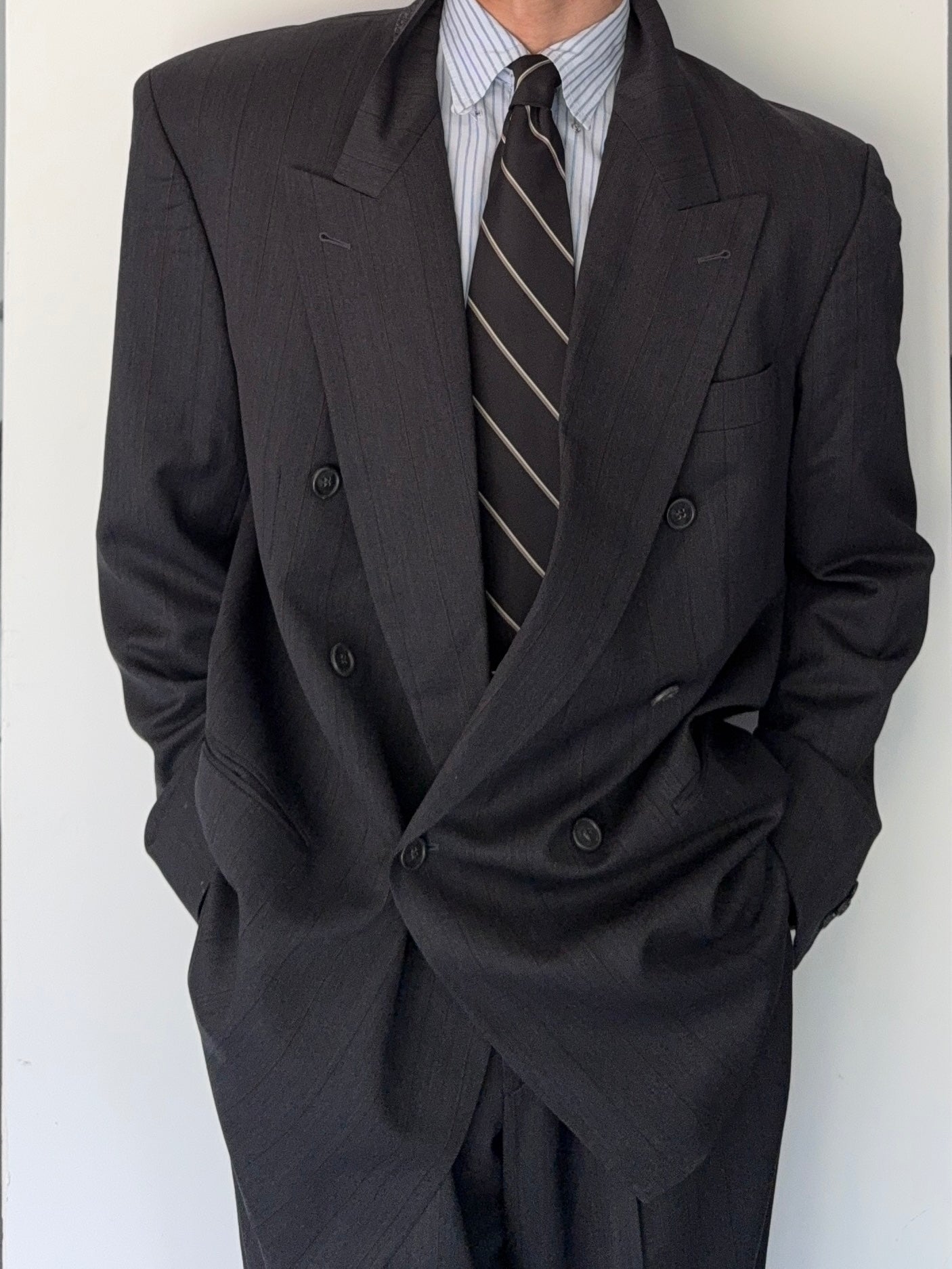 Hugo Boss 1980s 'Al Capone' Double Breasted Pleated Wool Cashmere Suit - Size XXL Jacket / 36" Waist