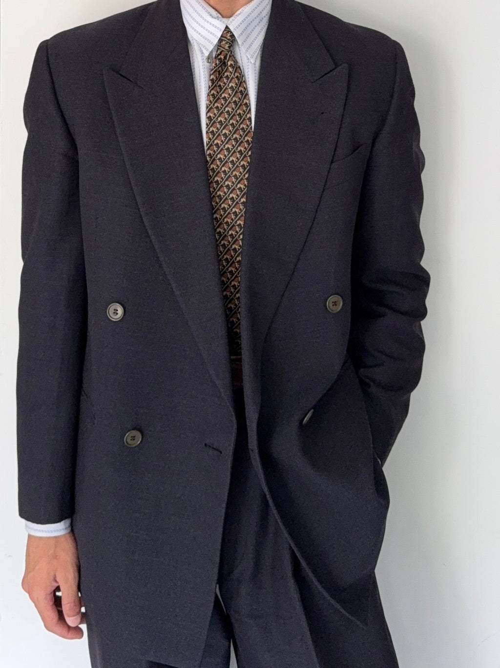 Krizia Armani 1990s Peaked Lapel Double Breasted Pleated Wool Suit Navy - Size M Jacket / 31" Waist