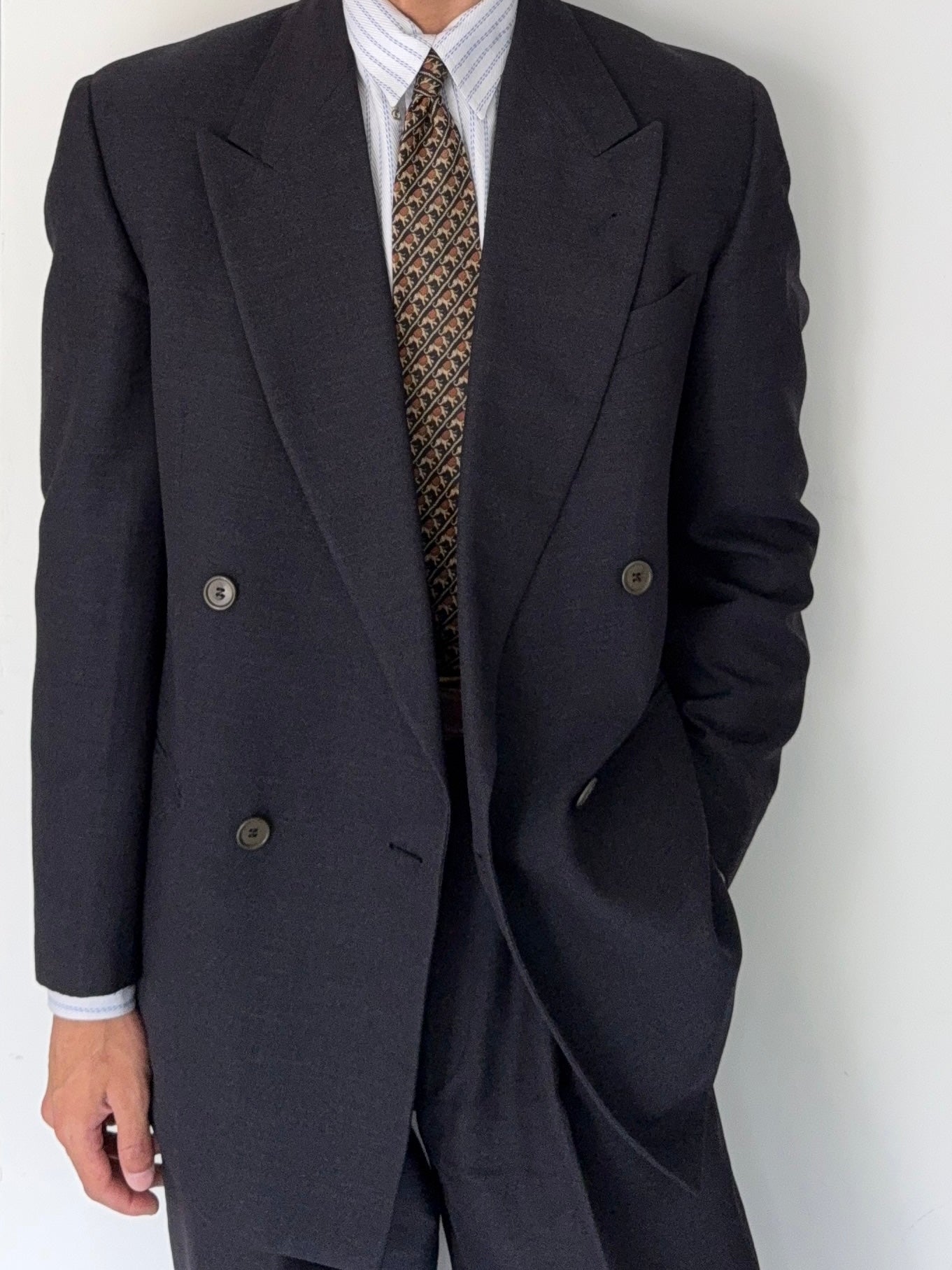 Krizia Armani 1990s Peaked Lapel Double Breasted Pleated Wool Suit Navy - Size M Jacket / 31" Waist