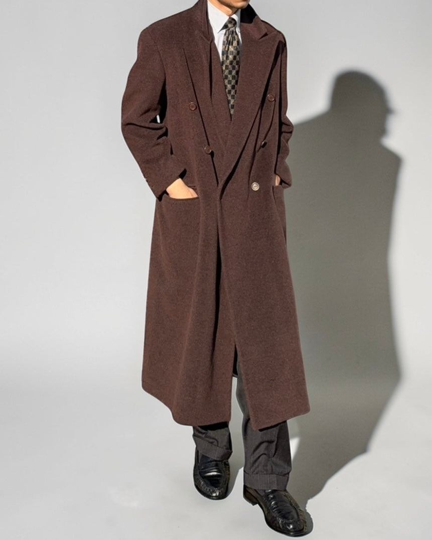 Giorgio Armani 1980s Double Breasted Peaked Lapel Wool Cashmere Brown Coat - Size M