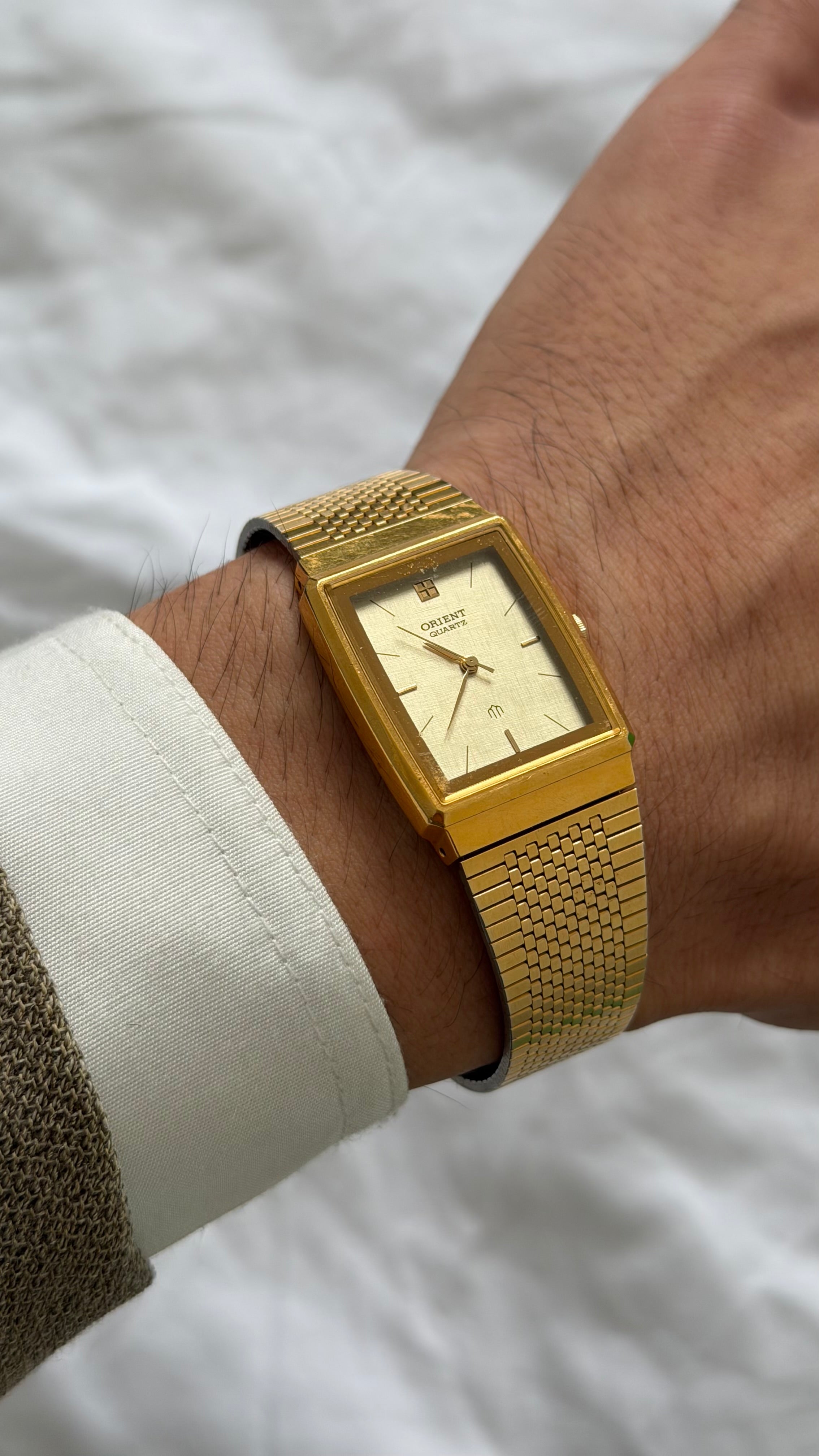 Oreint 1990s 20MM Linen Dial Gold Plated Stainless Steel Watch