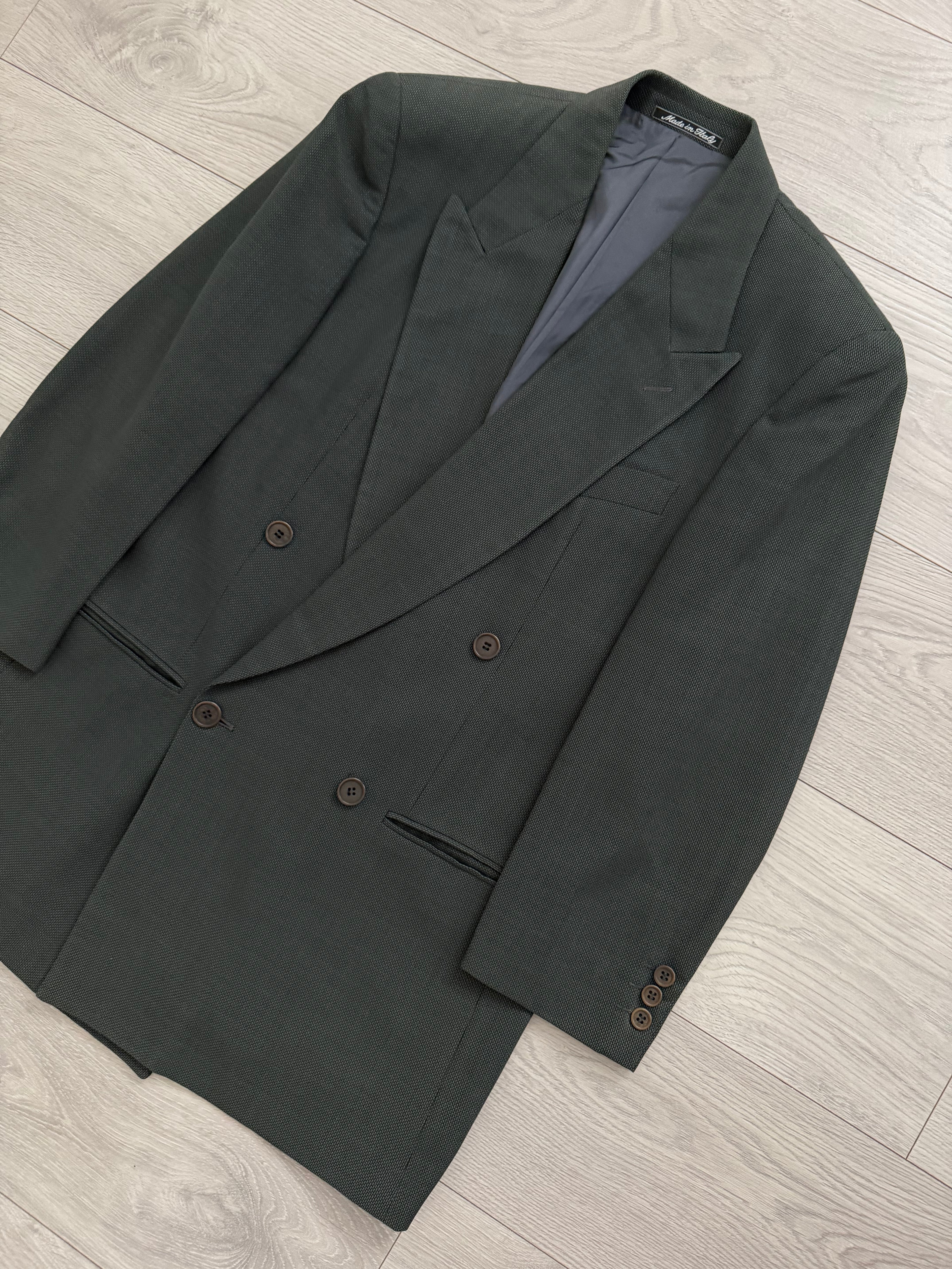 Giorgio Armani 1980s Peaked Lapel Double Breasted Pleated Textured Wool Suit Green - Size S Jacket / 30" Waist