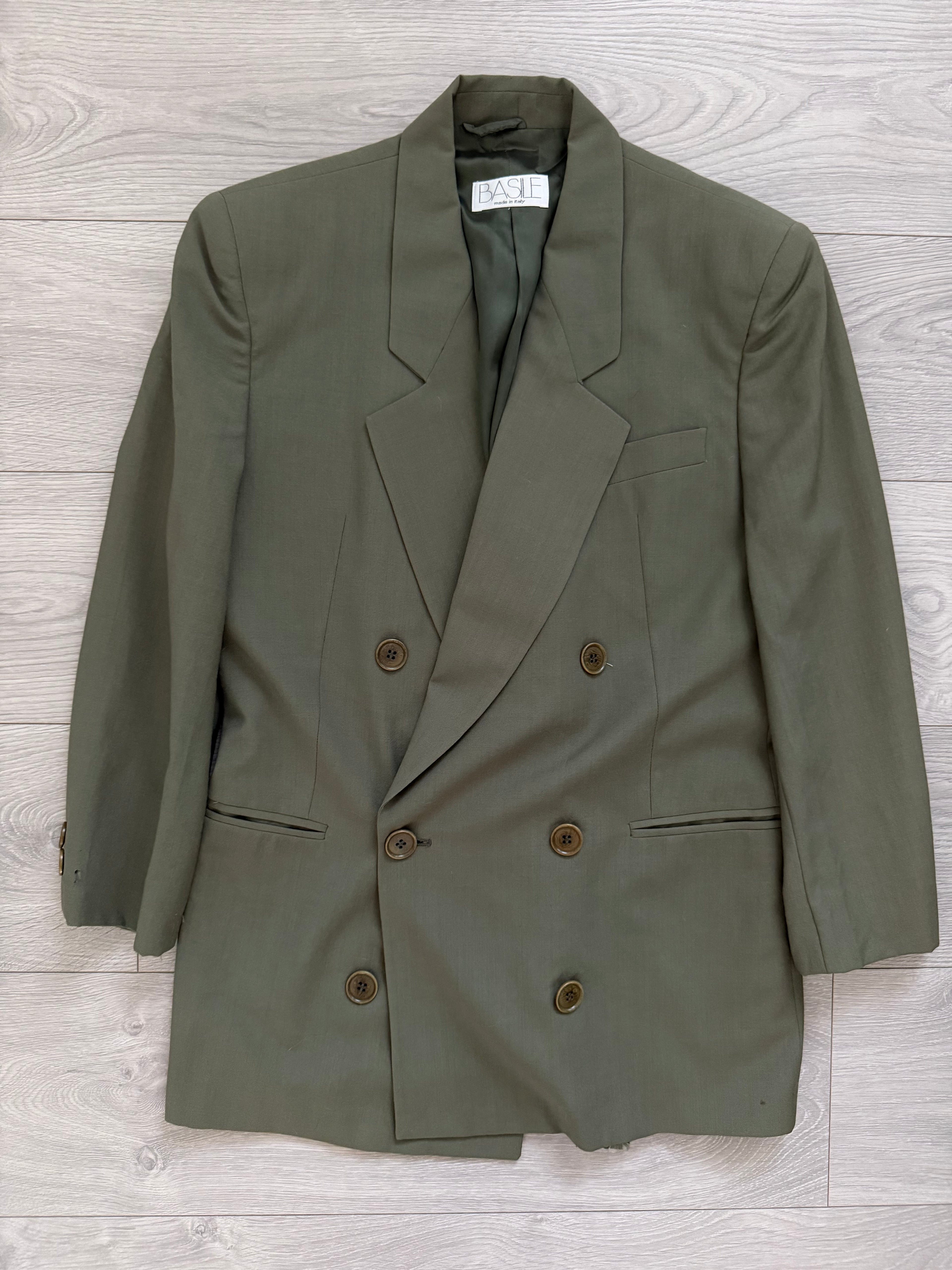 Basile 1980s Peaked Lapel Double Breasted Draped Wool Suit - Size S Jacket / 28" Waist
