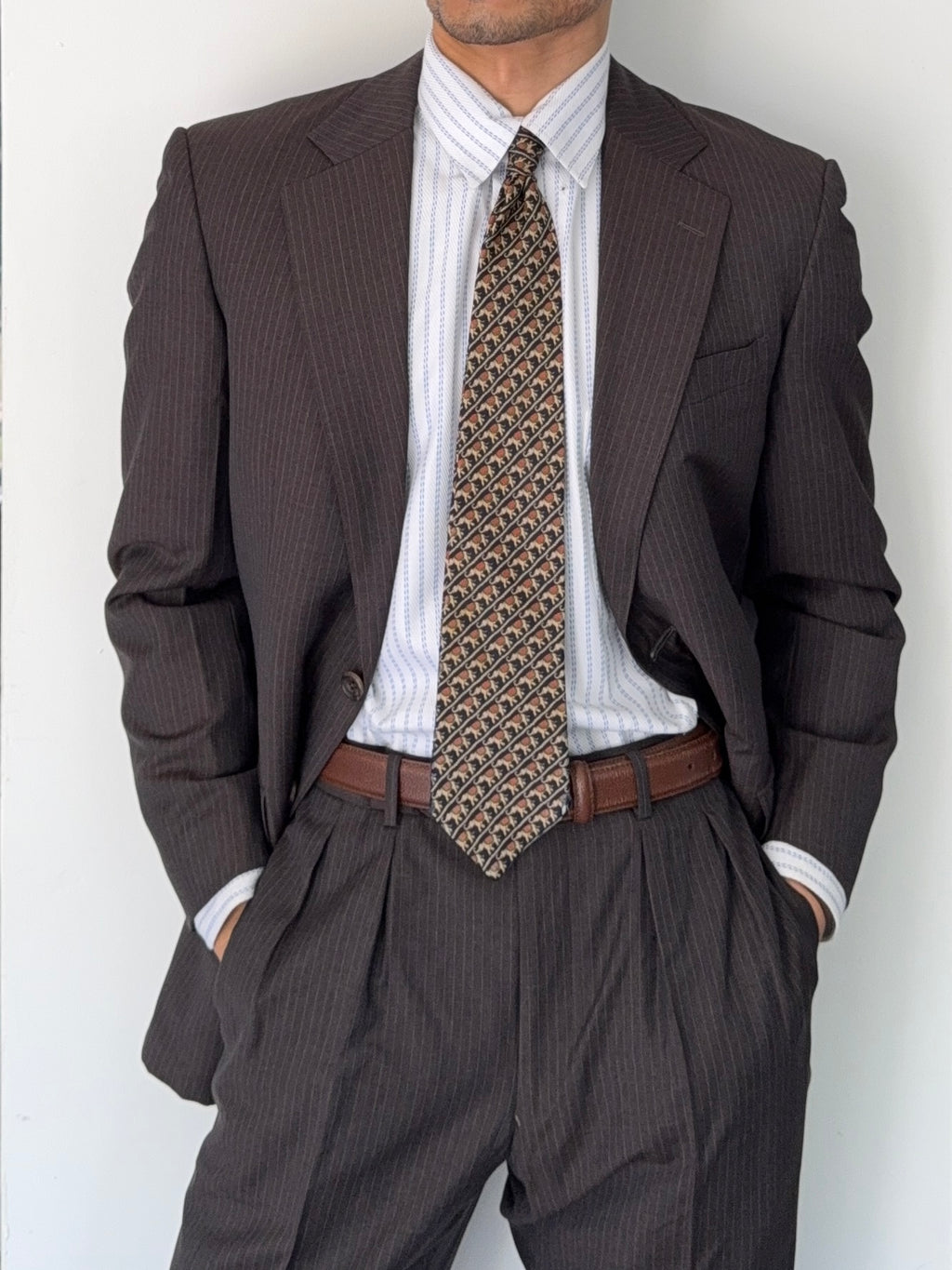 Burberry 1990s 2B Striped Wool Double-Pleat Espresso Grey Suit - Size M Jacket / 33" Waist