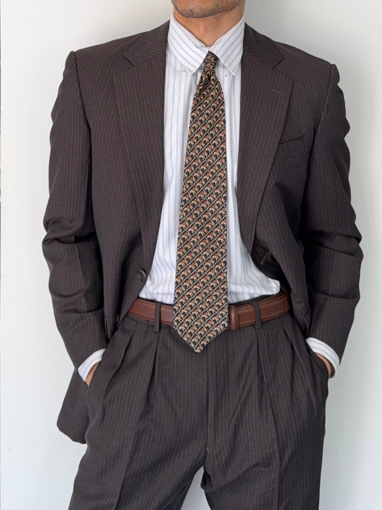Burberry 1990s 2B Striped Wool Double-Pleat Espresso Grey Suit - Size M Jacket / 33" Waist