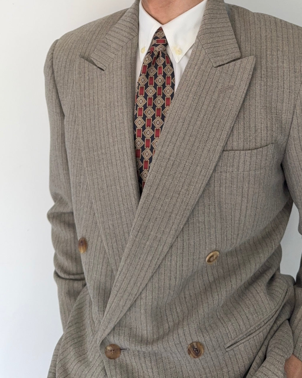 Basile 1980s Torello Viera Fabric Peaked Lapel Double Breasted Pleated Wool Suit - Size M Jacket / 31" Waist
