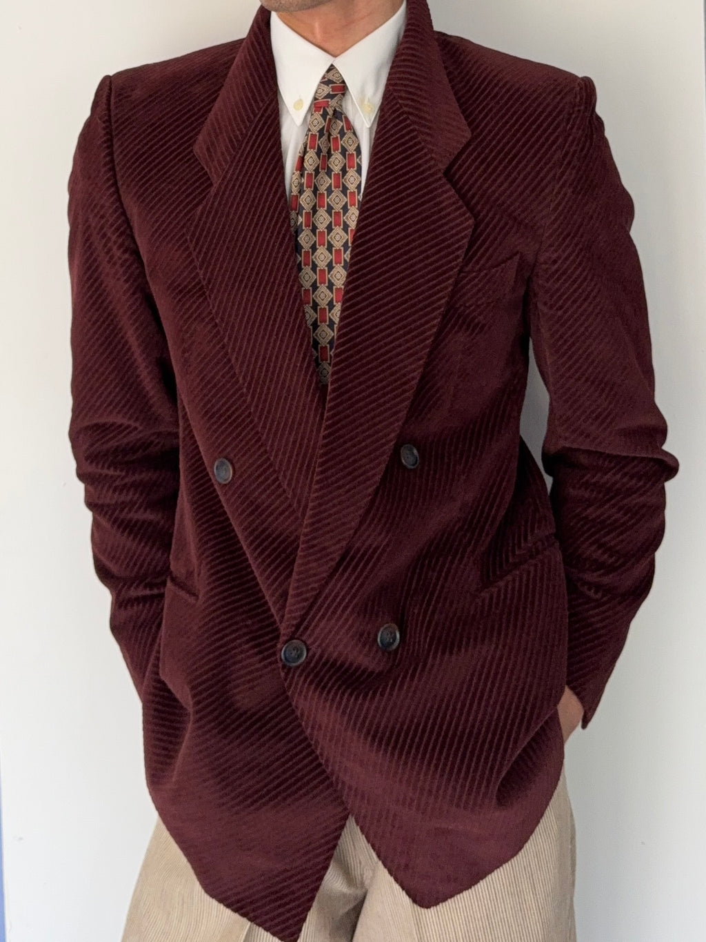 Hugo Boss 1980s Special Order Burgundy Double Breasted Cotton Sport Blazer Jacket - Size S
