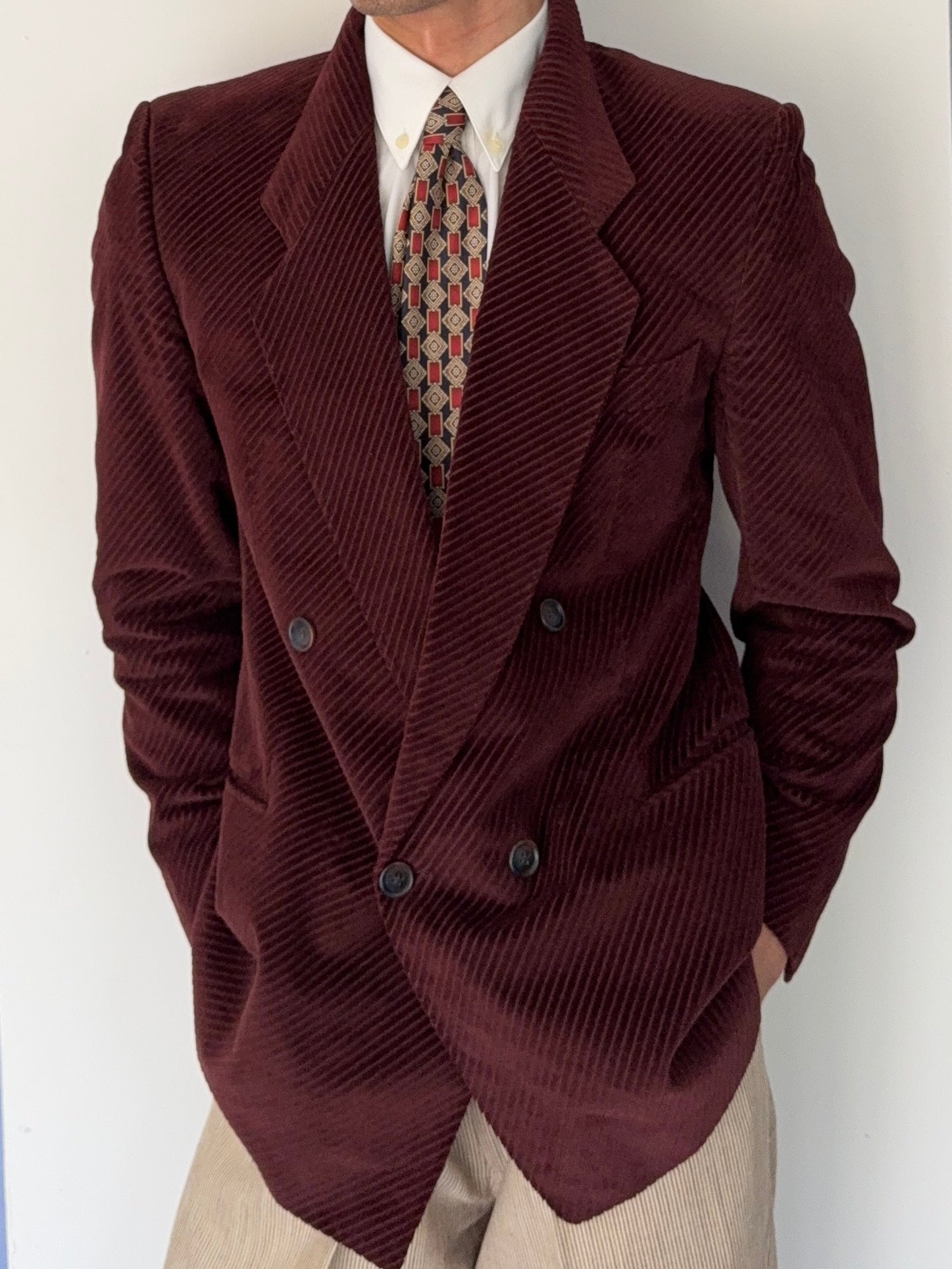 Hugo Boss 1980s Special Order Burgundy Double Breasted Cotton Sport Blazer Jacket - Size S