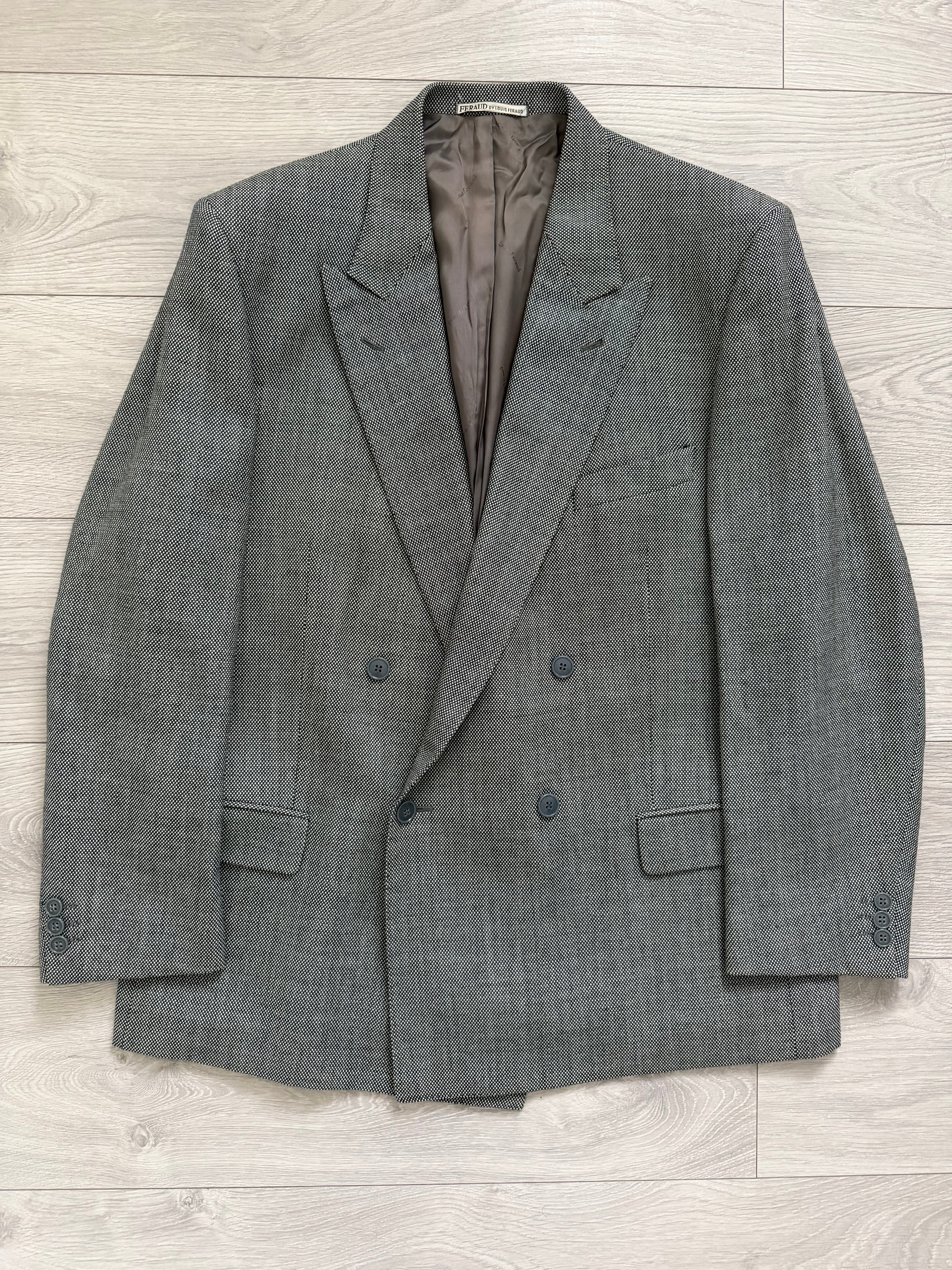 Louis Feraud Armani 1990s Peaked Lapel Pleated Double Breasted Wool Suit - Size XL Jacket / 36" Waist